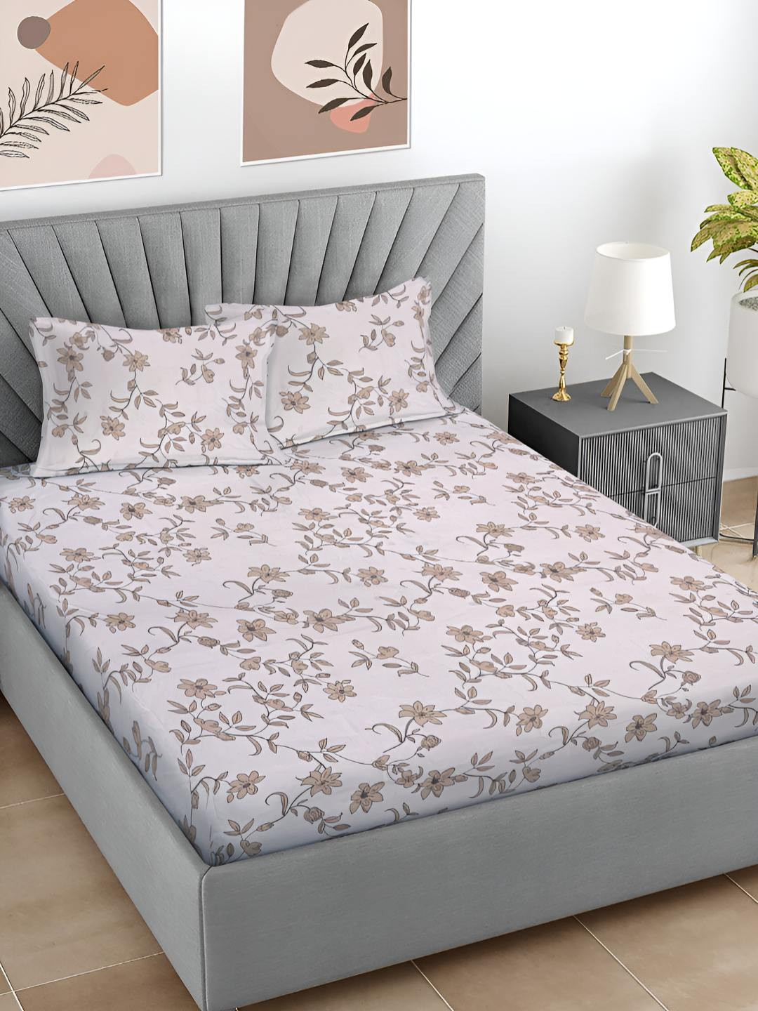 Myntra Elegant Homes Beige Floral 300 TC Super King Bedsheet & 2 Pillow Covers