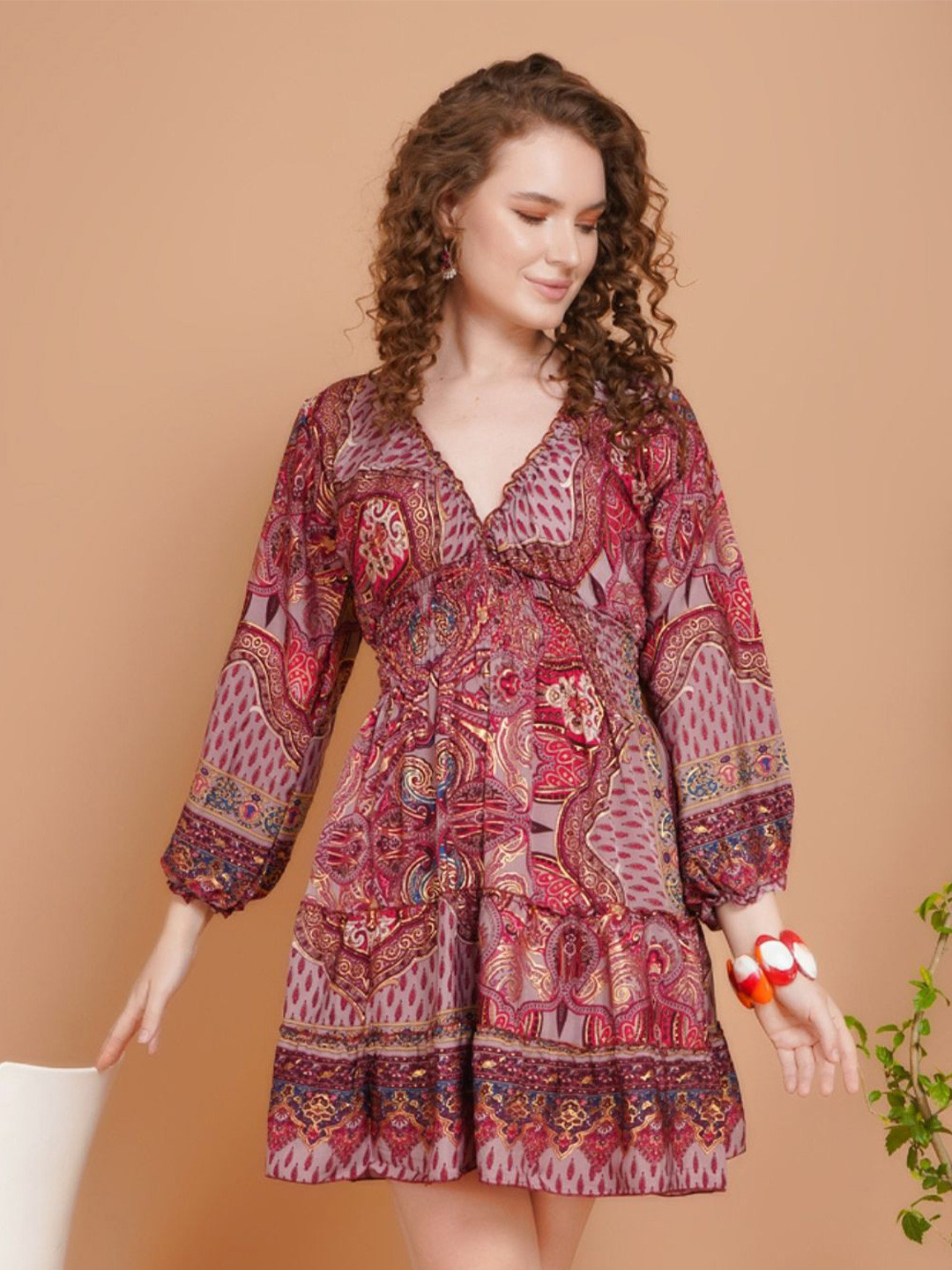 Boholyfe Ethnic Motifs Print  Soraya Ros Ember Bell Sleeve Fit & Flare Mini Dress