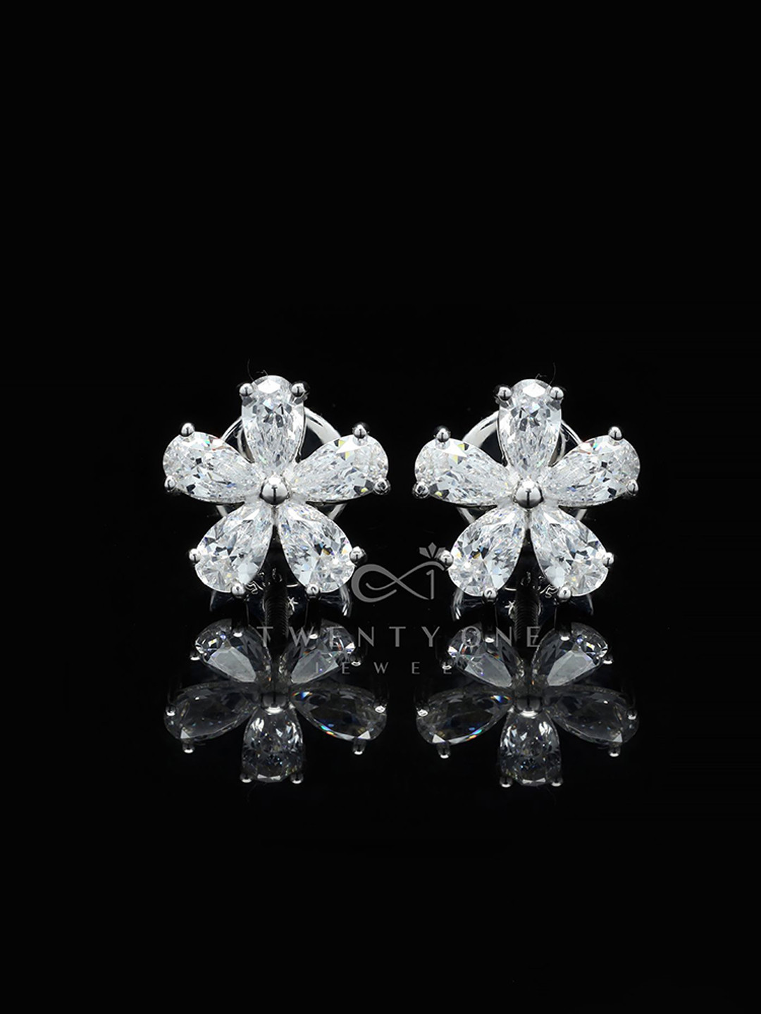 Twenty One Jewels Sterling Silver Rhodium-Plated Zircon Studded Floral Studs Earrings