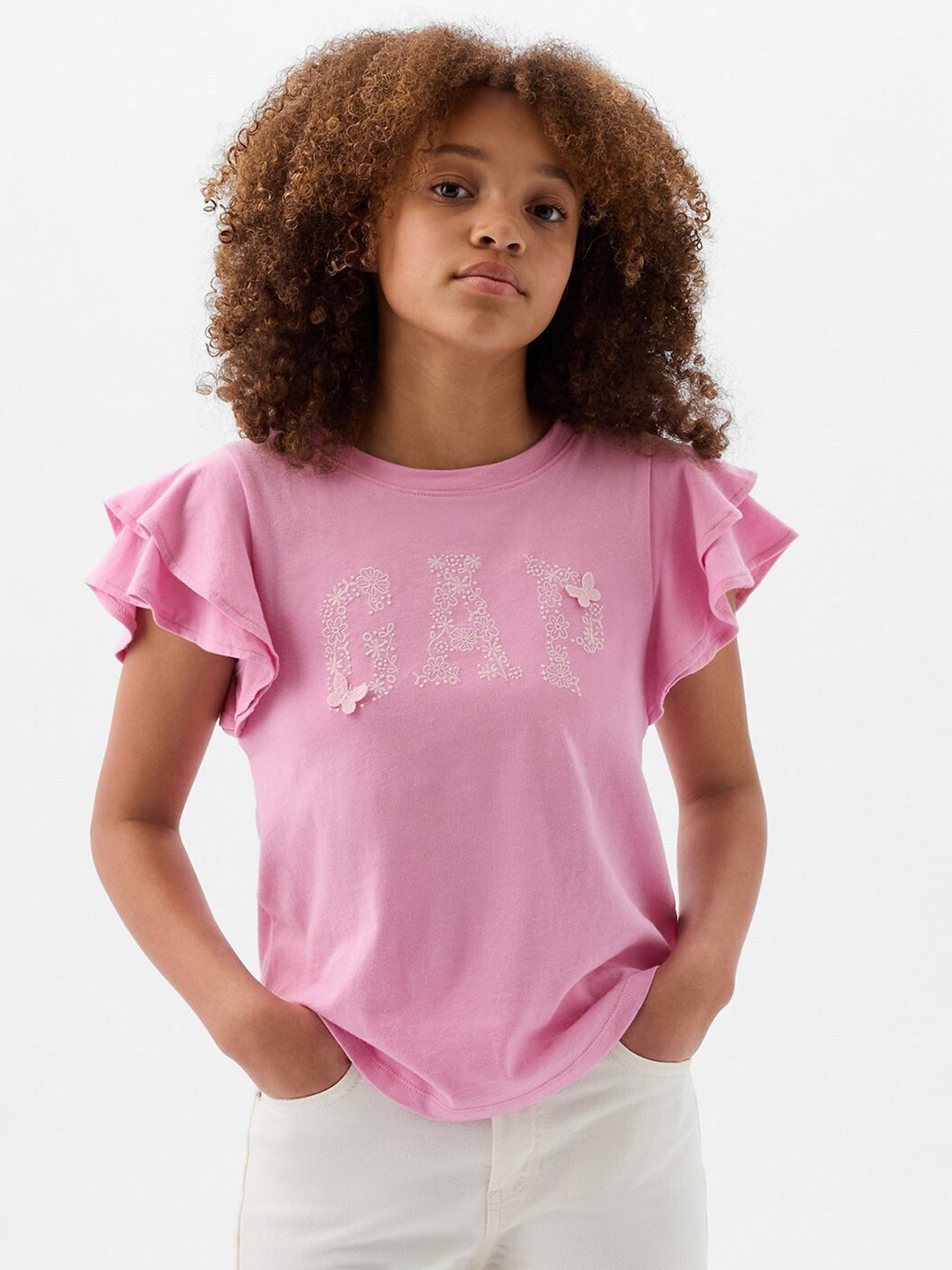 GAP Girls Brand Logo Embroidered Flutter Sleeve Applique Pure Cotton Top