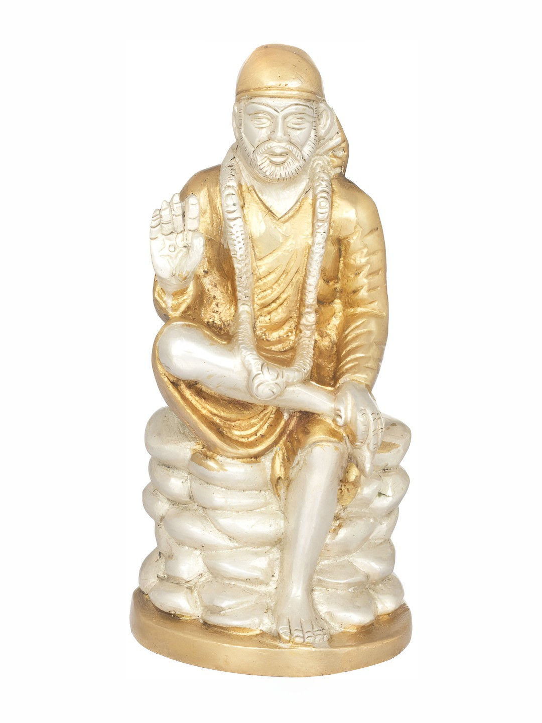 Exotic India Shirdi Sai Baba Silver Brass Metallic Prayer Room Small Showpiece - 6 Inches