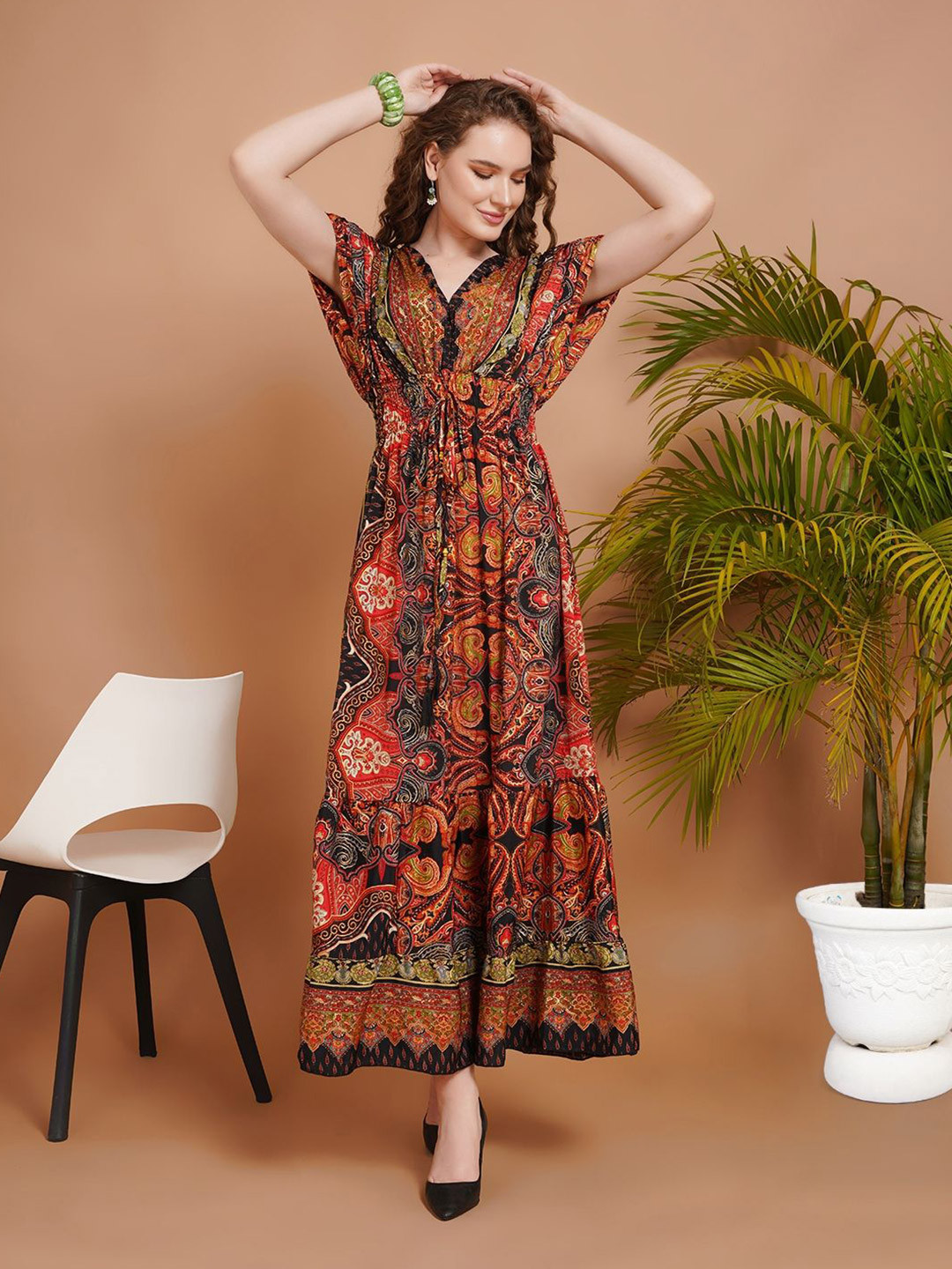 Boholyfe Women Zelina Sunset Spice Boho Floral Print Smocked Detail Empire Maxi Dress