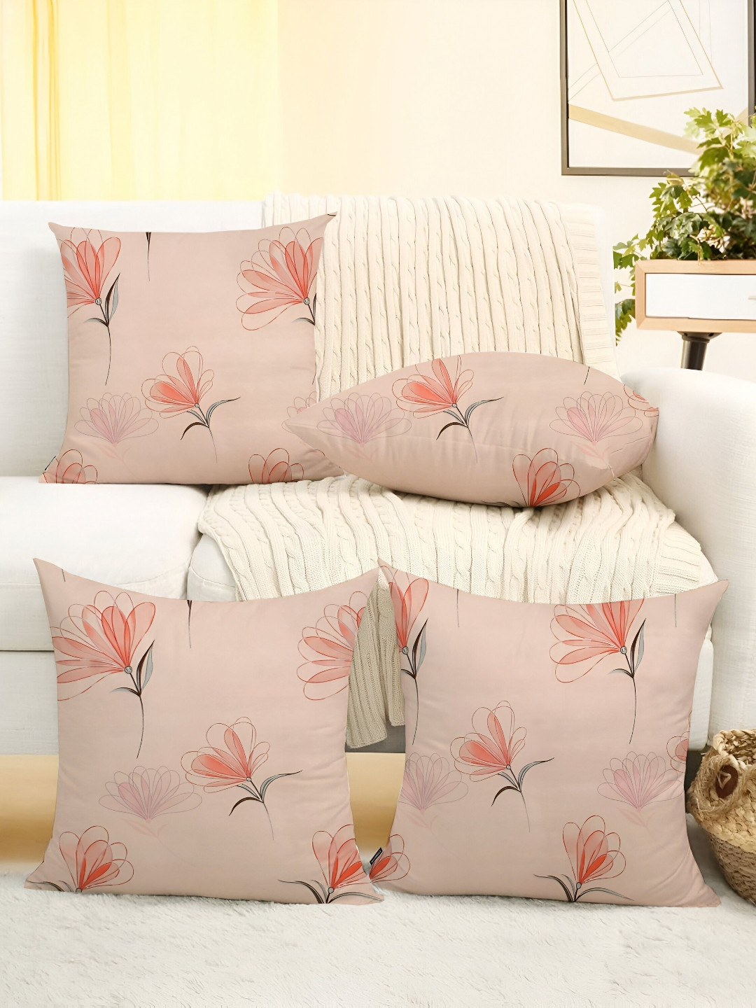 IVAZA Home Stylish Pink Floral Cotton Washable 4 Pcs Cushion Covers - 23.6 x 23.6 Inches