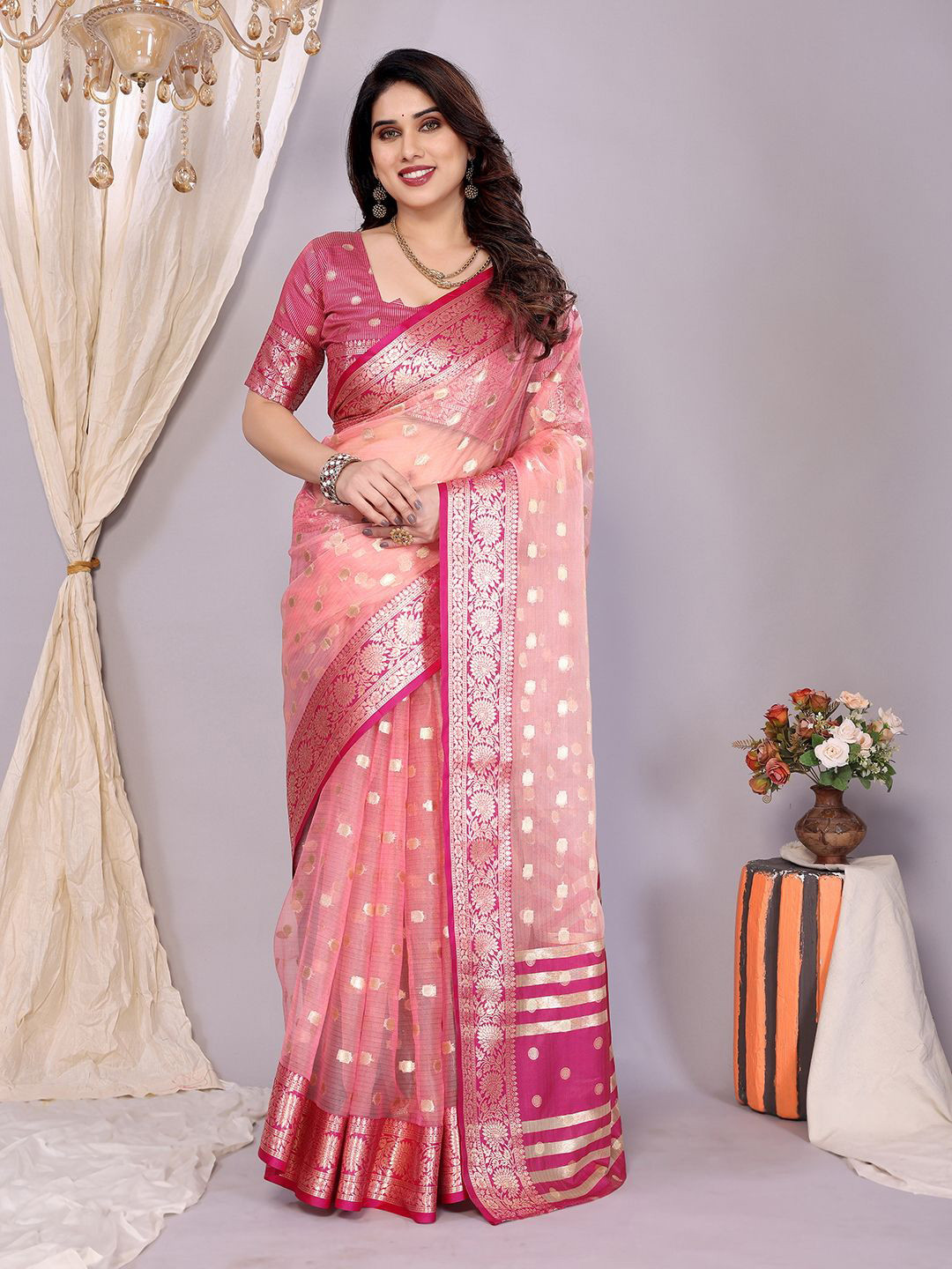 VILLAGIUS Floral Woven Design Organza Designer Banarasi Saree