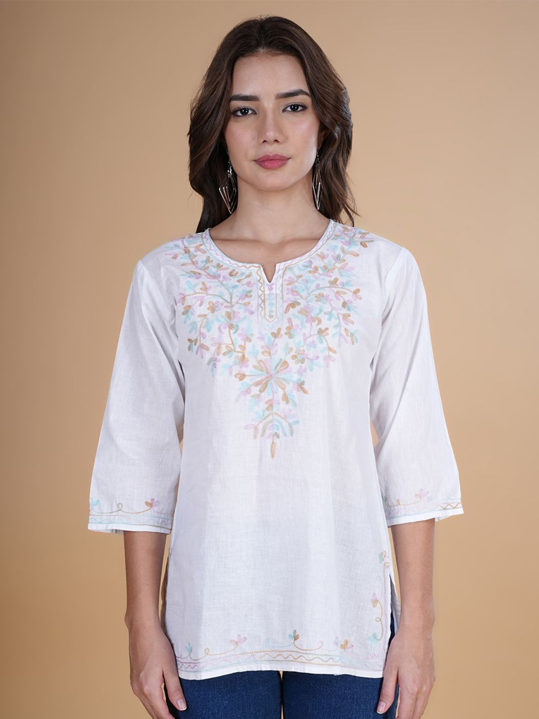 DESIGNER DHAAGE Floral Embroidered Notch Neck Pure Cotton Straight Kurti