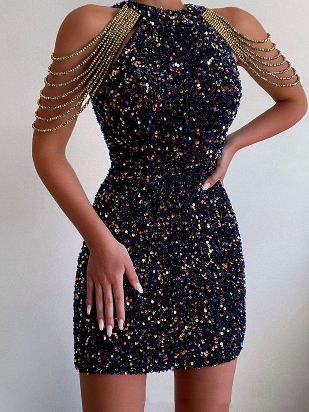 bebe Black Sequin Embellished Halter Neck Chain Shoulder Bodycon Mini Dress