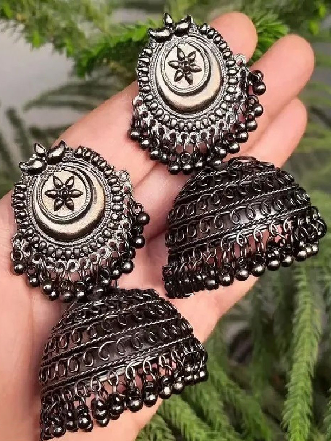 Sangria Silver Plated Artificial Beads Beaded Oxidised Dome Shaped Jhumkas