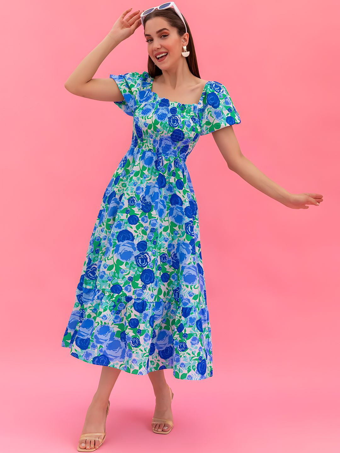 LookShine Women Floral Printed Puff Sleeve A-Line Midi Dress