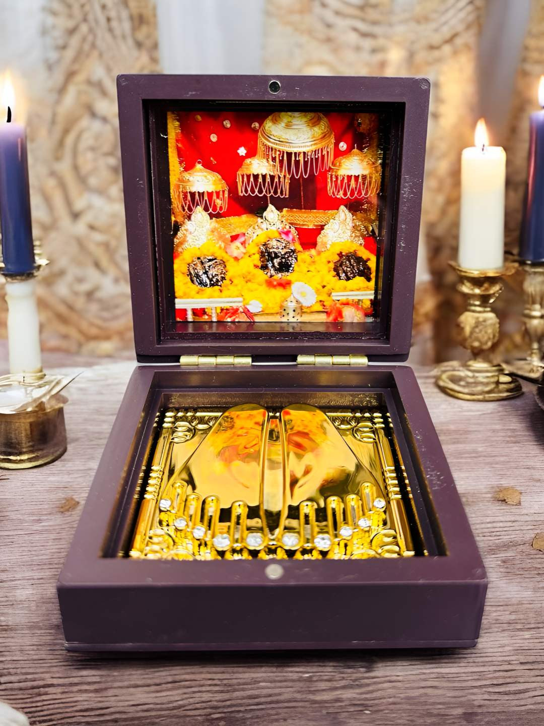 WARMINGO DE Vaishno Mata Charan Paduka Foldable Mandir Gold Metal Metallic Prayer Room Medium Showpiece -