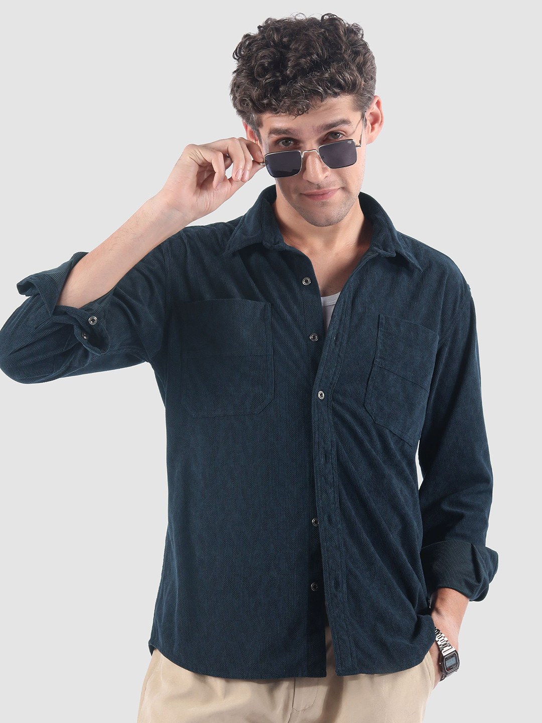 Beyoung Cut Stripe Textured Corduroy Casual Shirt