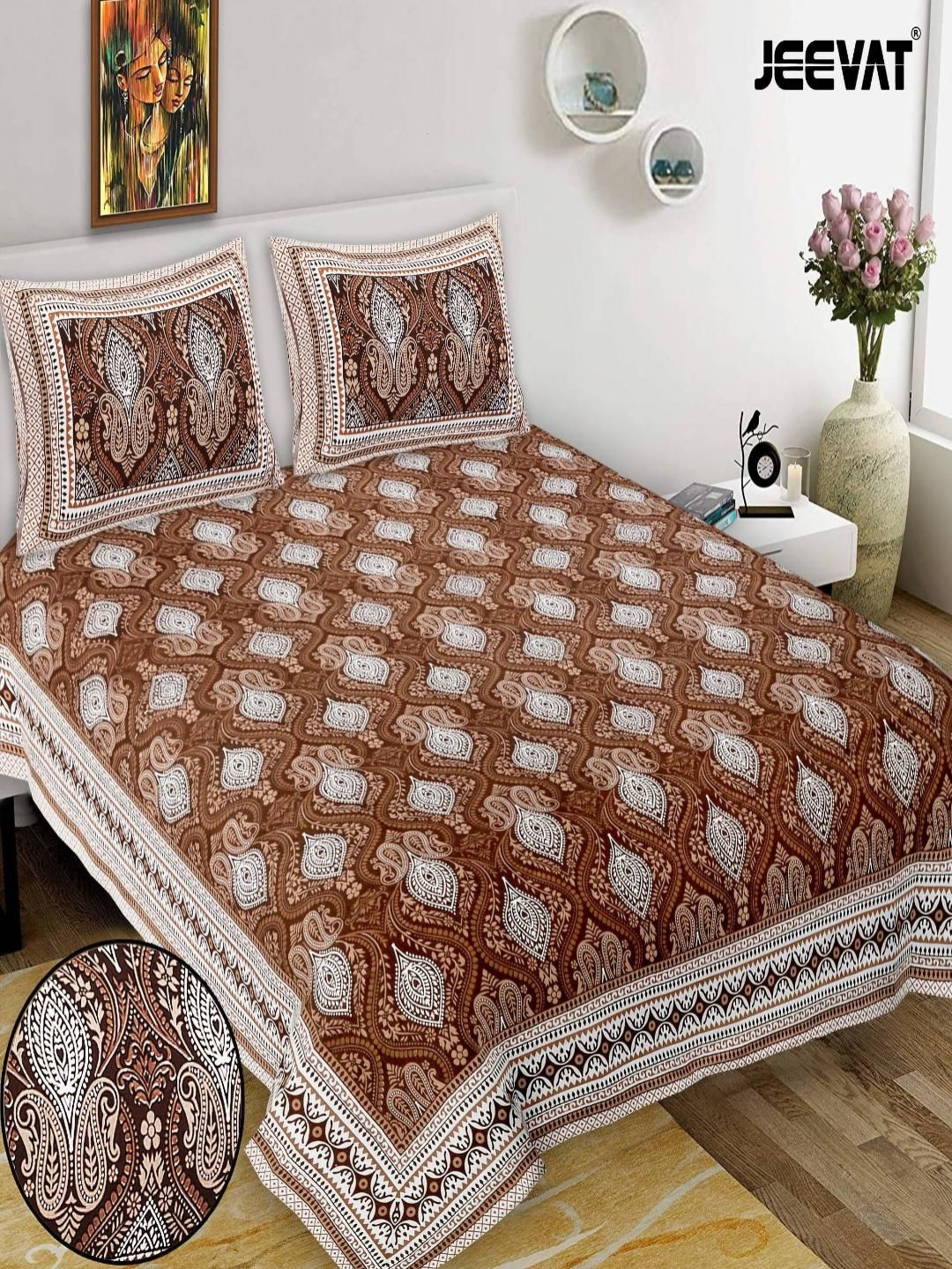 JEEVAT Summer Collection Brown Floral Cotton 210 TC King Fine Bedsheet with 2 Pillow Covers-215 x 264 cm