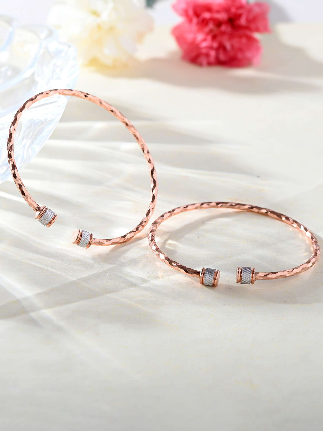DressBerry Set Of 2 Rose Gold-Plated Dual Tone & Artificial Beads Studded Bangles