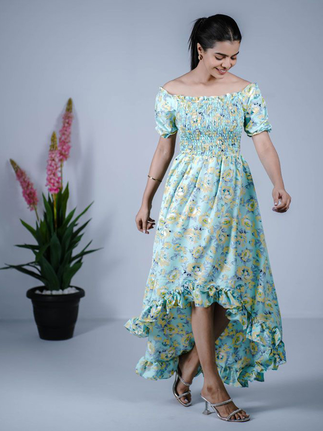 Eilaa Women Floral Prined Puff Sleeve Crepe Fit-Flare Midi Dress