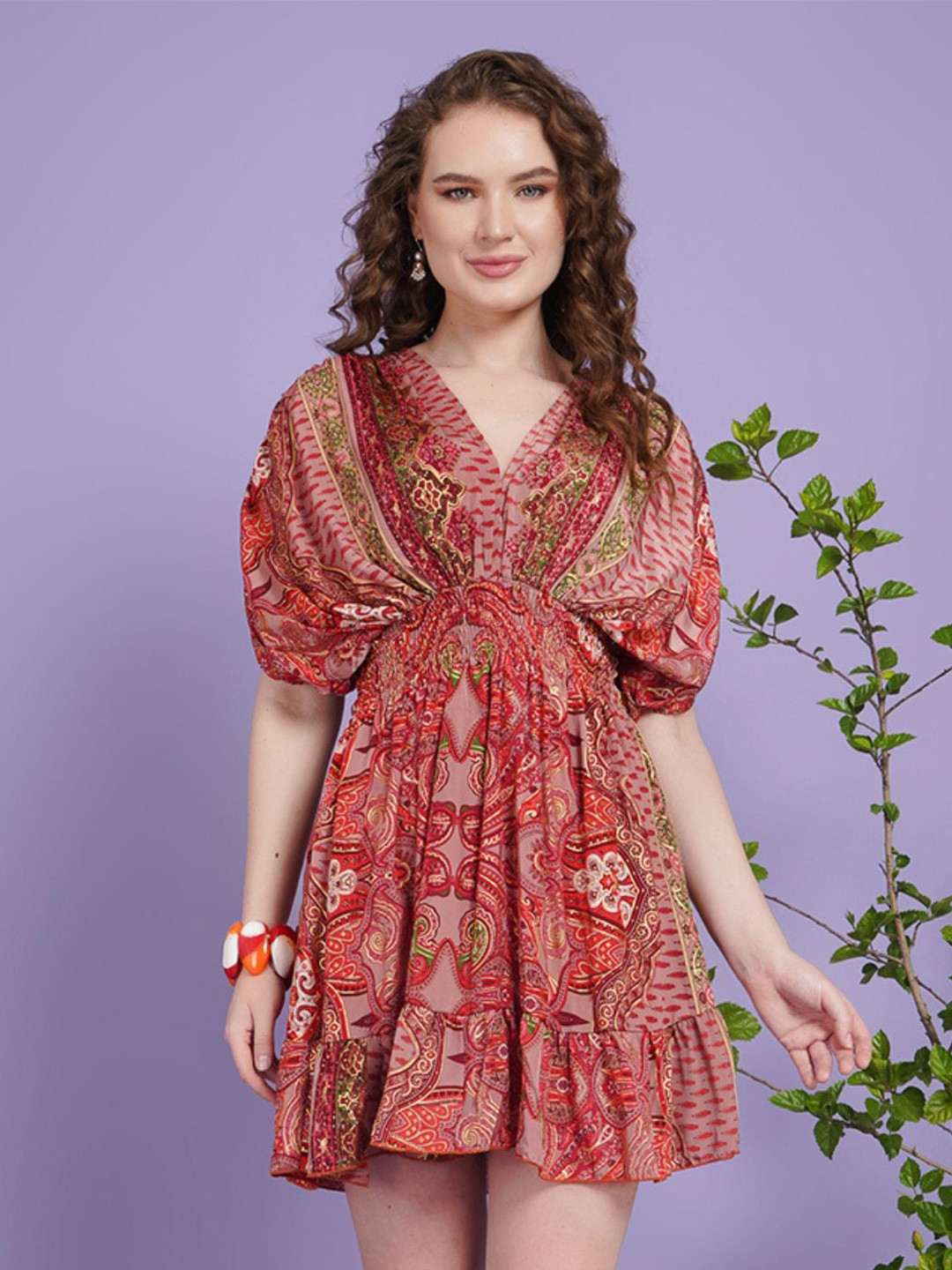 Boholyfe Women Floral Print Rosy Rhapsody Short Dress