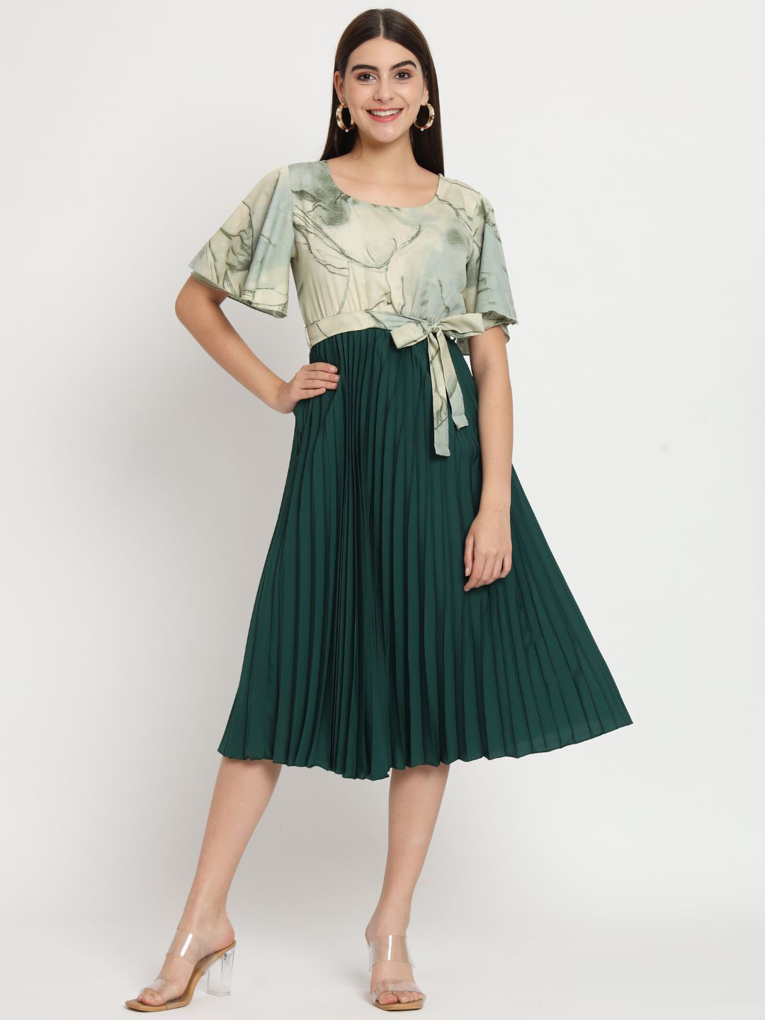 LookShine Printed Flared Sleeve Accordion Pleats Belted Fit & Flare Midi Dress