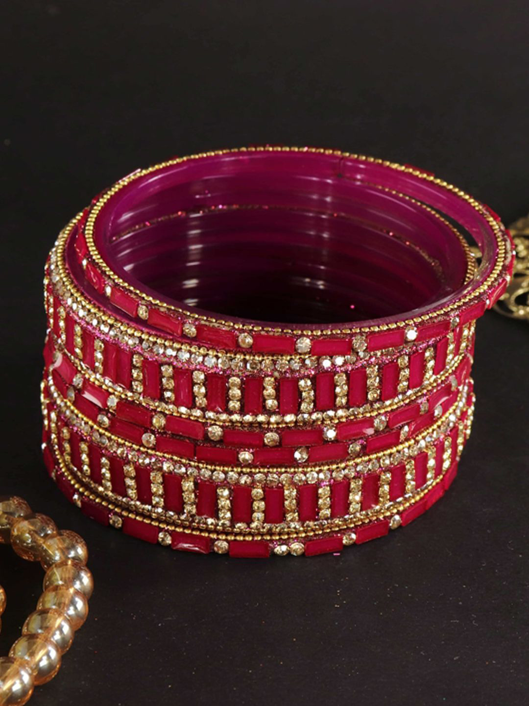 ZULKA Set Of 6 Zircon Diamonds Studded & Beaded GlassBangles