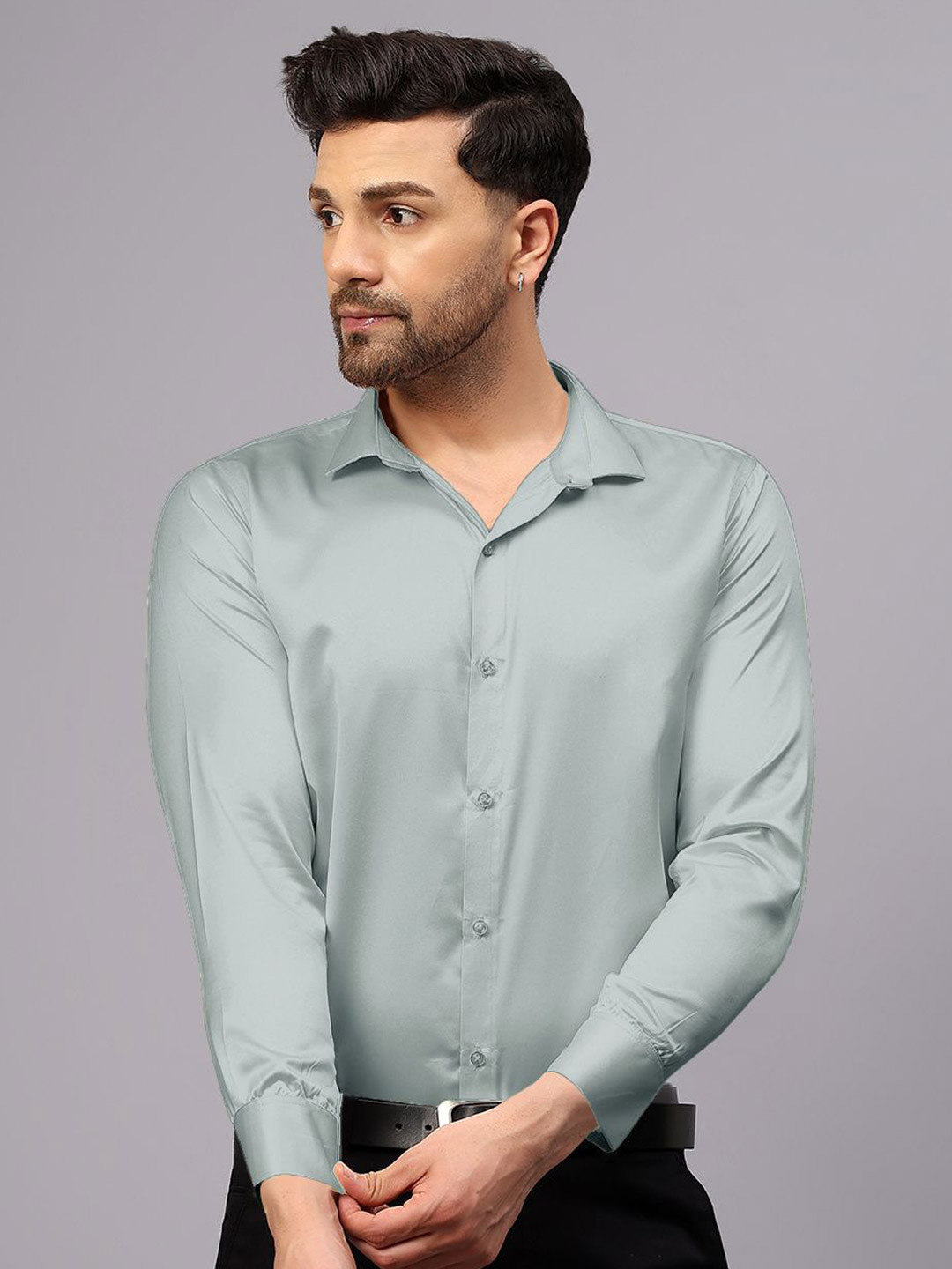 CVC Men Regular Fit Poly Satin Silk Light Grey Formal Shirt