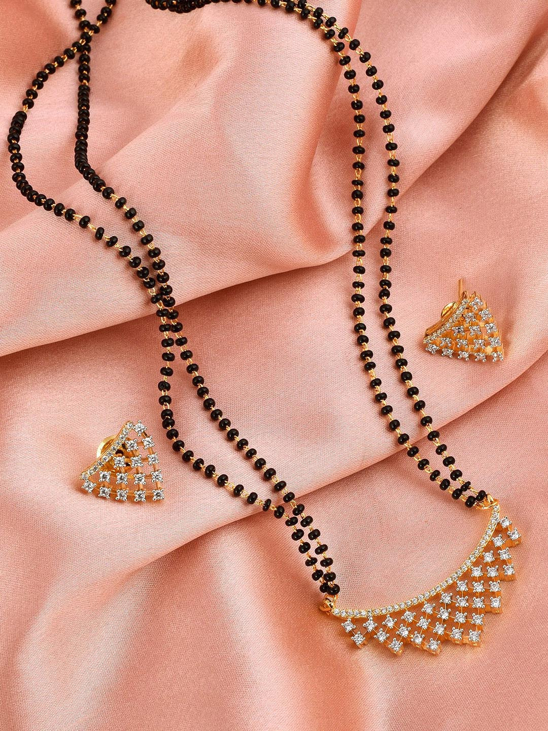 SHILLYN Gold-Plated Zircon Studded & Beaded Eternal Radiance Mangalsutra with Earrings