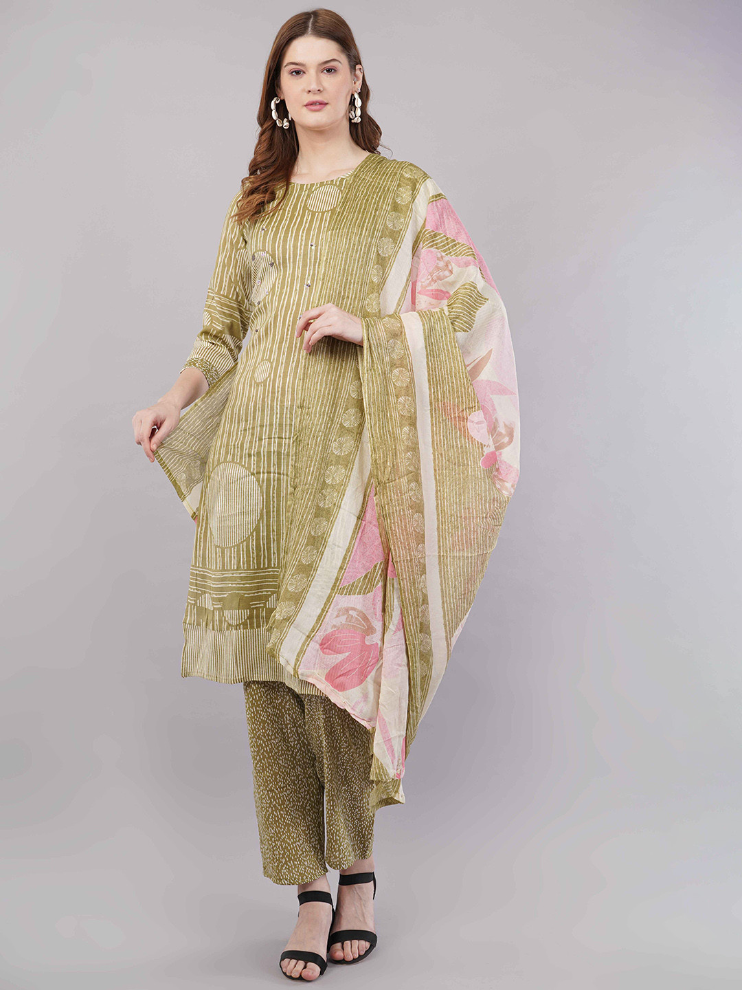 JIDI FASHION Women Striped Kurta with Trousers & Dupatta