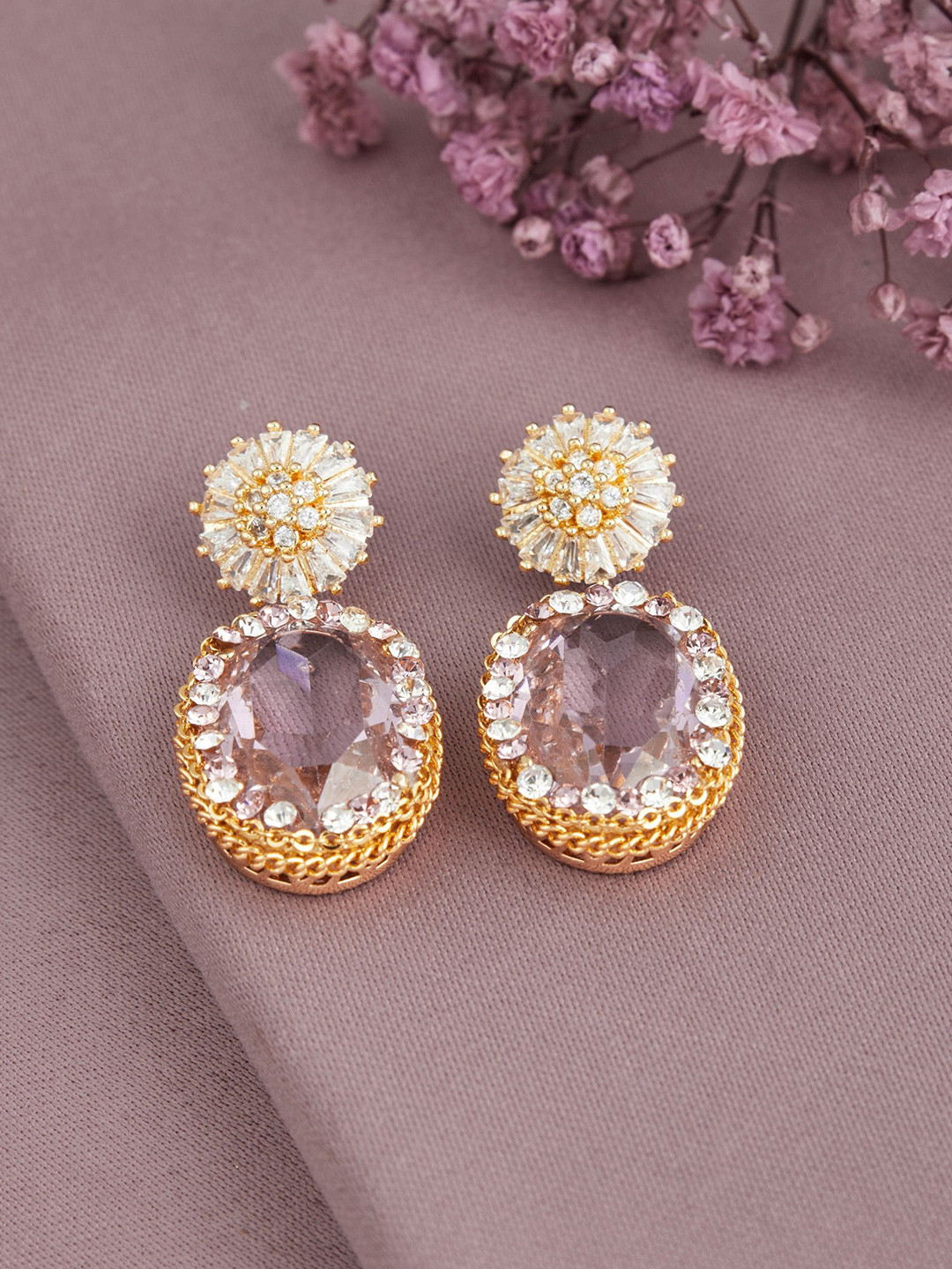 GC Jewelery Gold Plated Artificial Stones Oval Shaped Drop Earrings