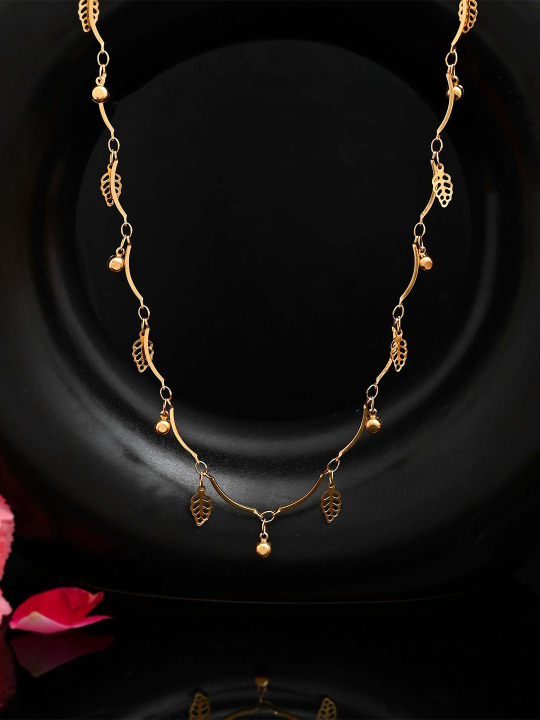 DIVASTRI Gold-Plated Stainless Steel American Diamond Studded And Leaf Chain