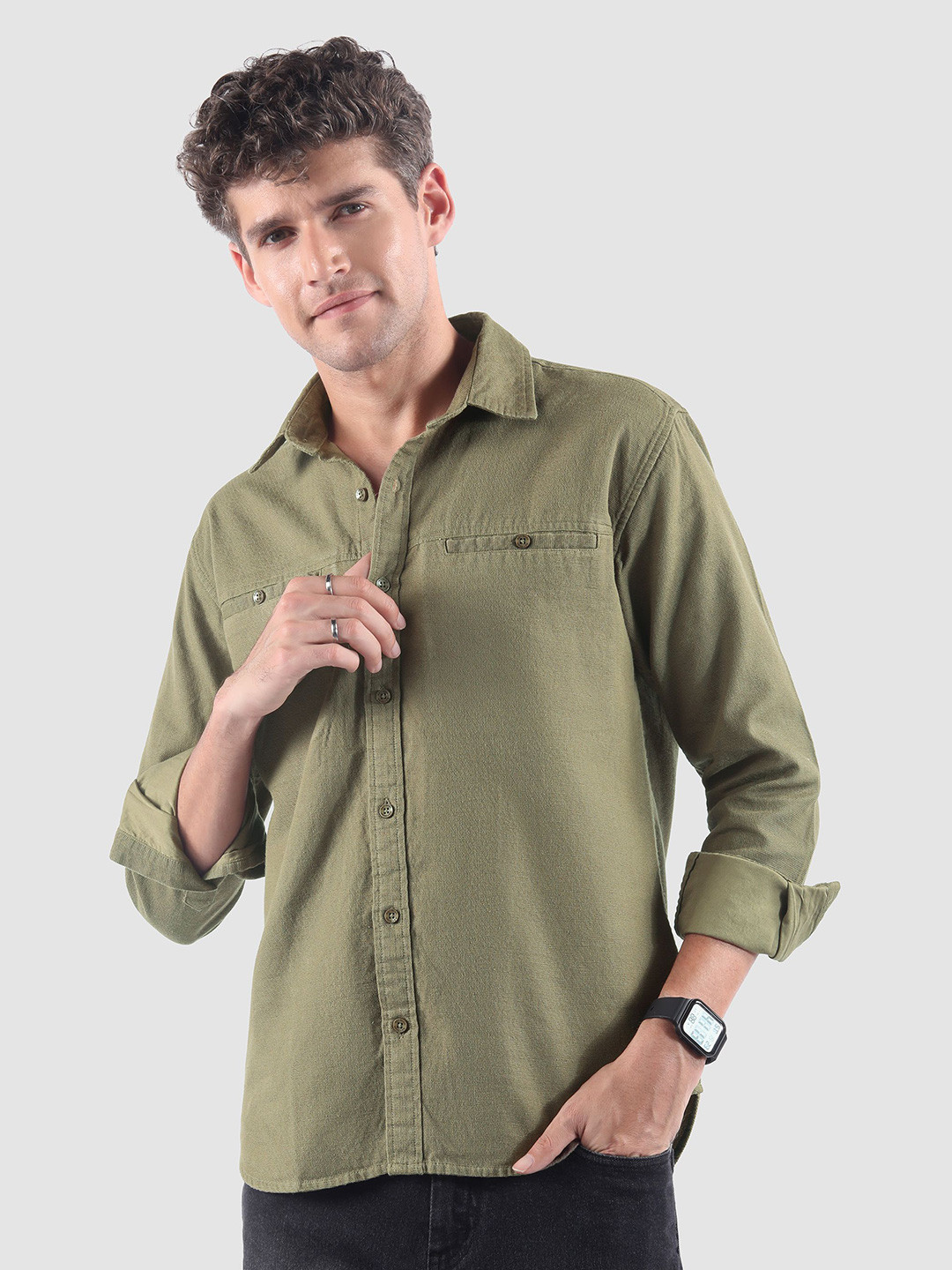 Beyoung Men Pale Olive Welt Pocketed Shirt