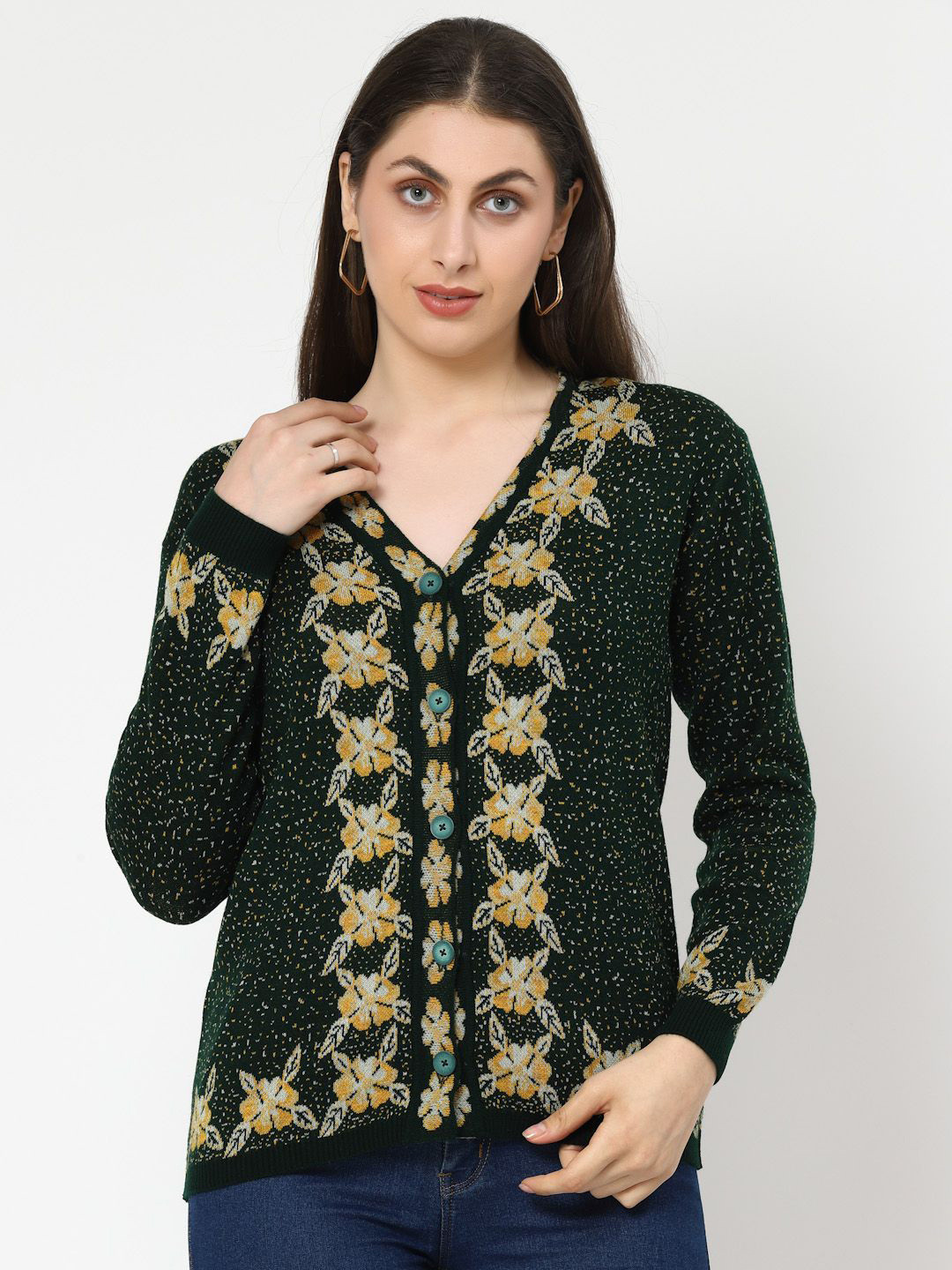 Kalt Floral Ribbed  V-Neck Jacquard Sweater Cardigan