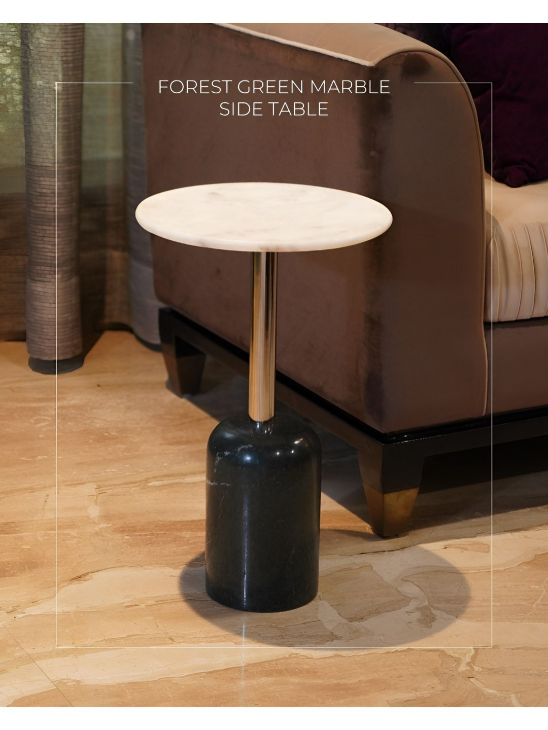 Qdore Home Green & White Marble & Metal Round Bedside Table