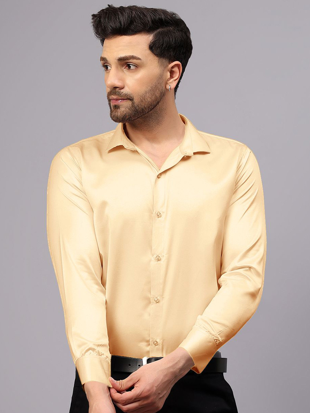 CVC Men Regular Fit Poly Satin Silk Cream Shirt