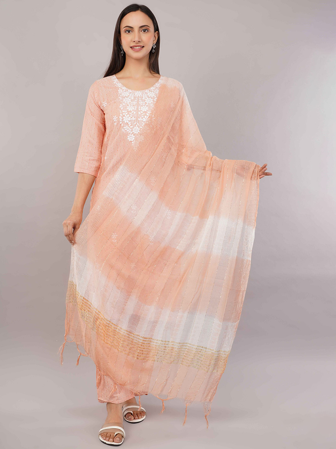 JIDI FASHION Floral Embroidered Thread Work Straight Kurta With Trousers & Dupatta