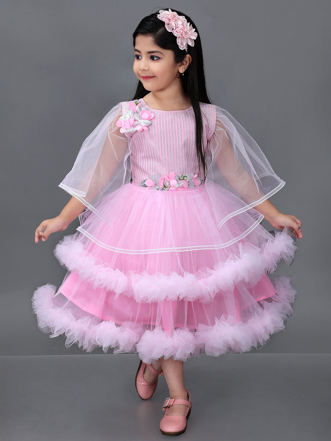 PN Fashion Kids-Girls Self Design Flared Sleeve Net Fit & Flare Dress