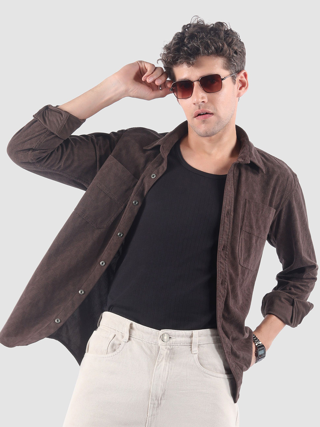 Beyoung Men Brown Lazer Cut Stripe Textured Corduroy Shirt