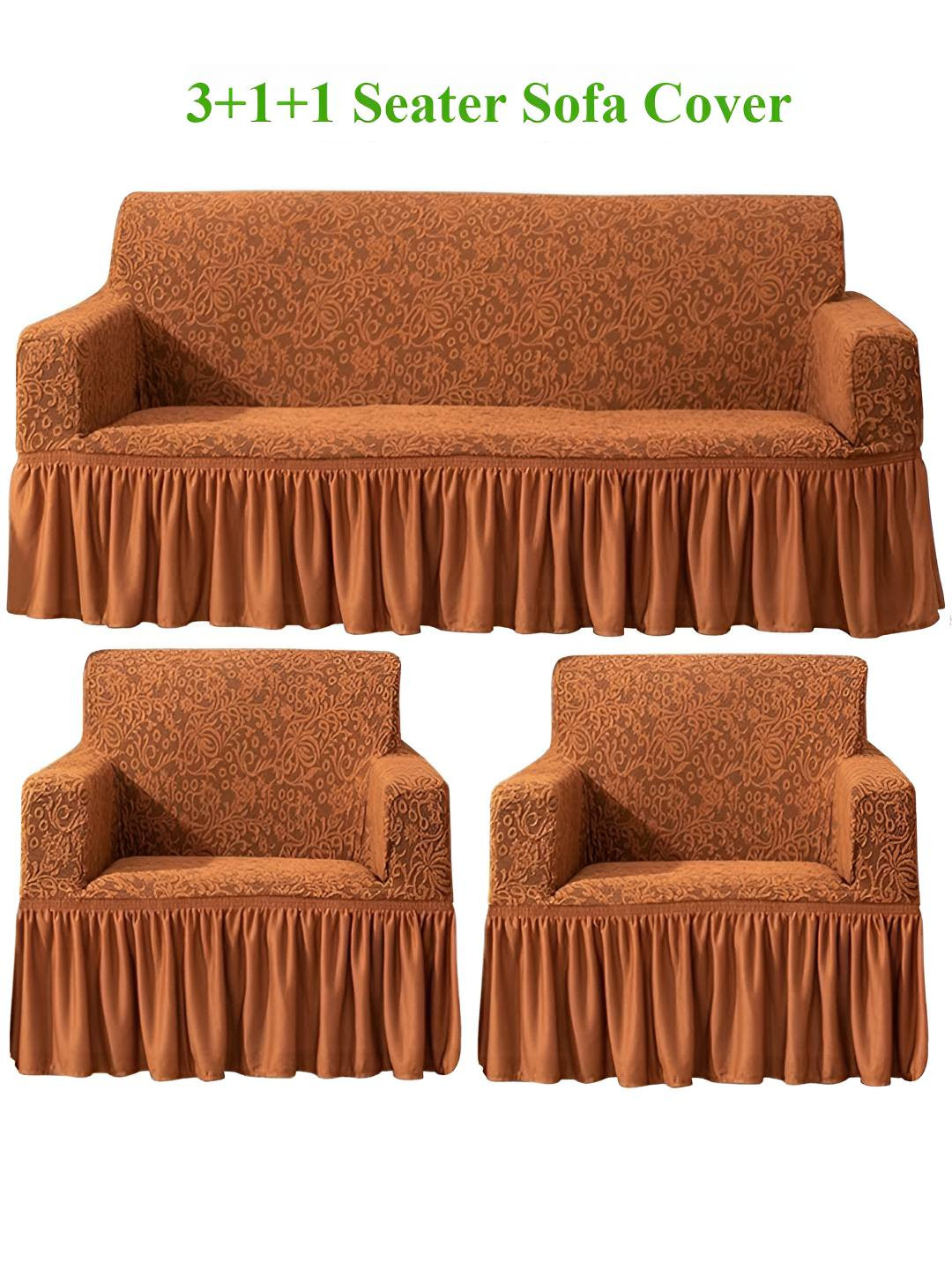 HOKIPO Caramel Brown Solid 5 Seater Fully Covered Stretchable Sofa Cover
