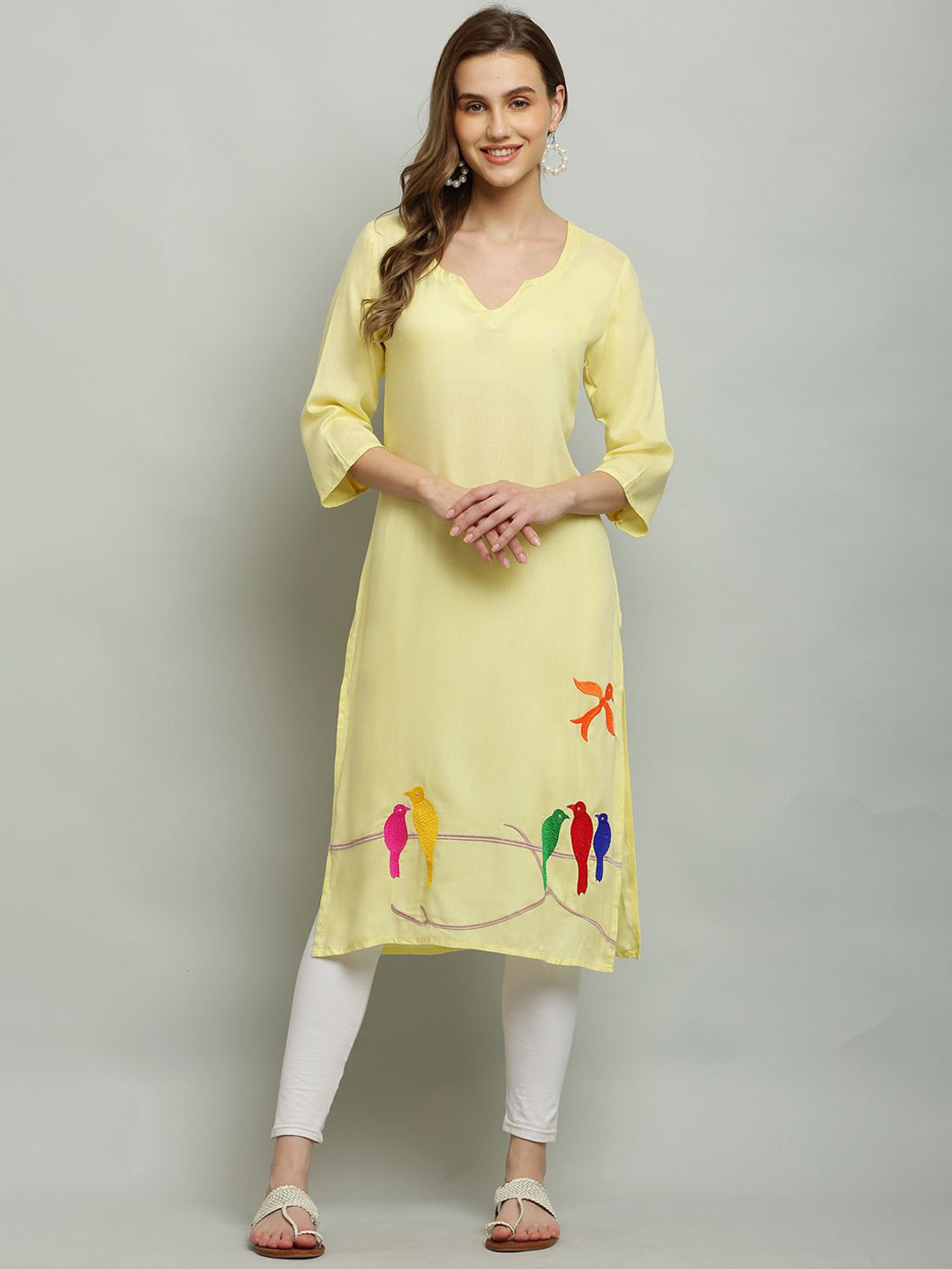 MALLORY WINSTON Animal Embroidered Notch Neck Straight Kurta