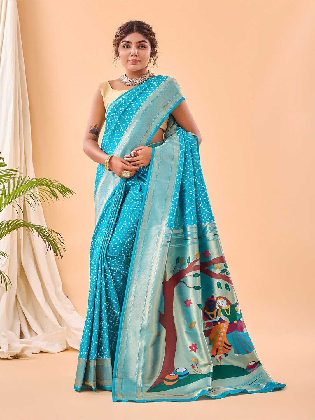 MORDEN MUSE Bandhani Woven Design Zari  Saree