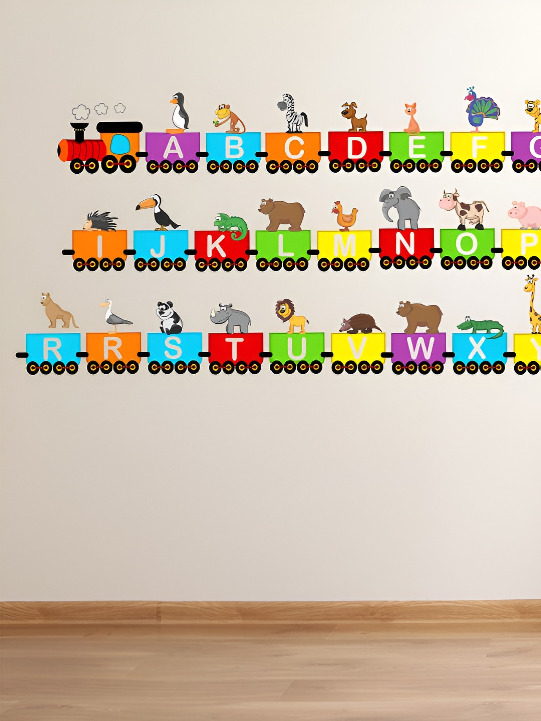 LANSTICK Red & Blue Alphabet With Animals & Toy Train  Self Adhesive Wall Sticker