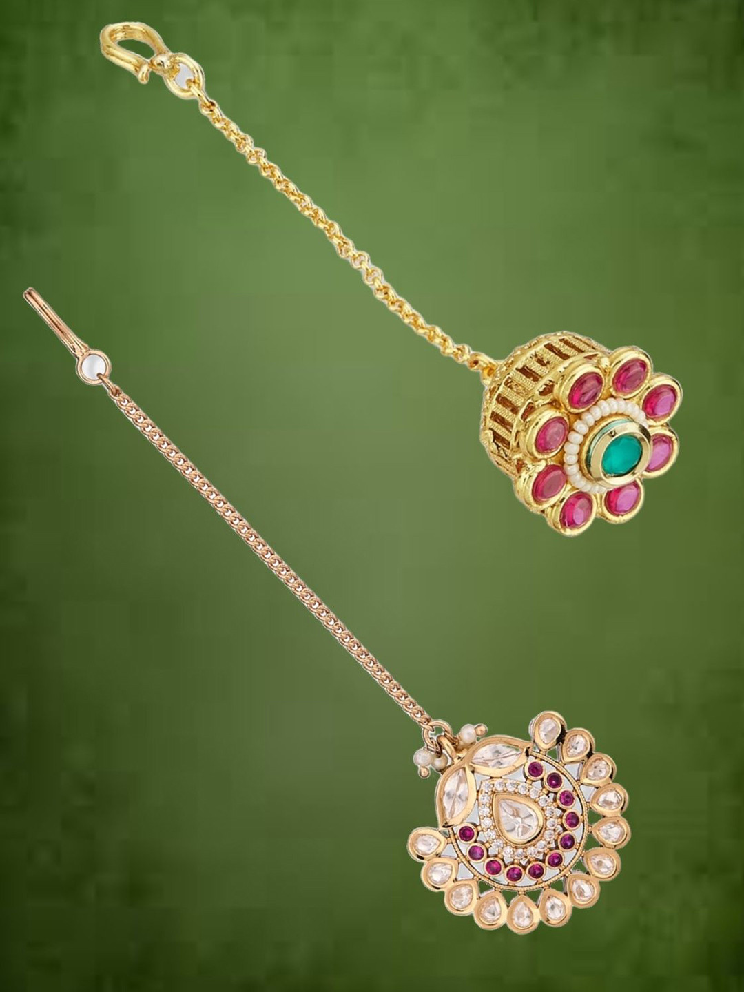 ATIBELLE Set of 2 Gold-Plated Stone Studded and Rajasthani Borla Beaded Maang Tikkas