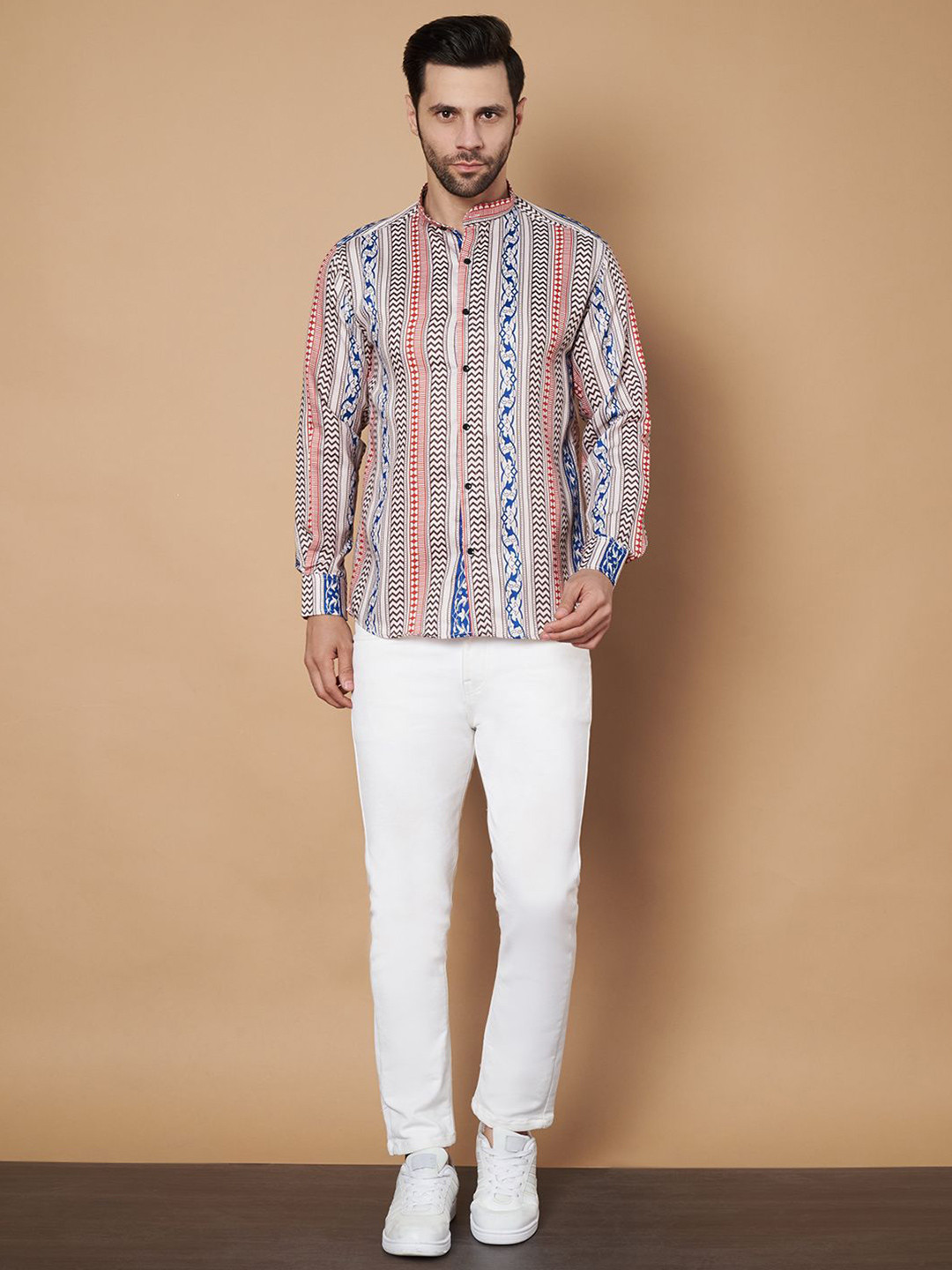 VS MALL Classic Geometric Printed Long Sleeves Cotton Shirt