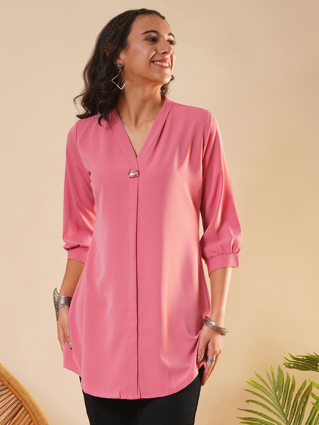 ZOLA Women Exclusive V Neckline Rayon Solid Pink Straight Tunic