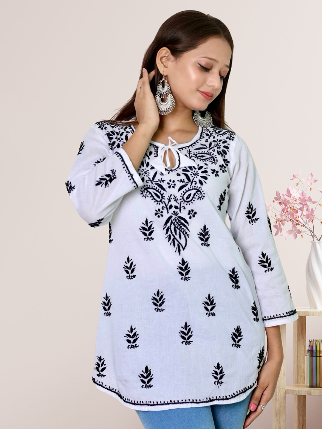 myplusfashion Floral Embroidered Lucknowi Chikankari Short Kurti