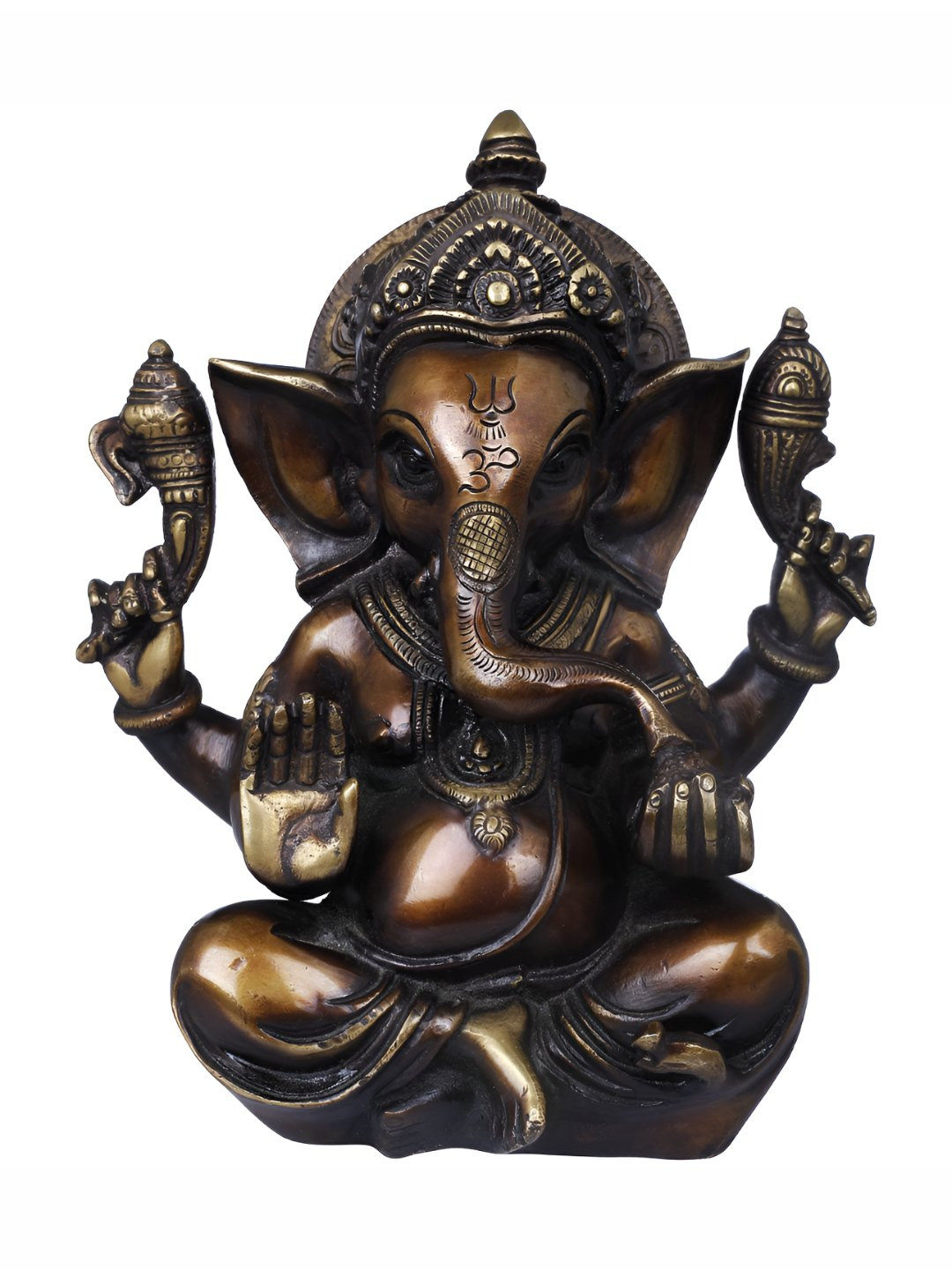 Exotic India Crown Ganesha Gold Brass Metallic Living Room Small Showpiece - 8.2 Inches