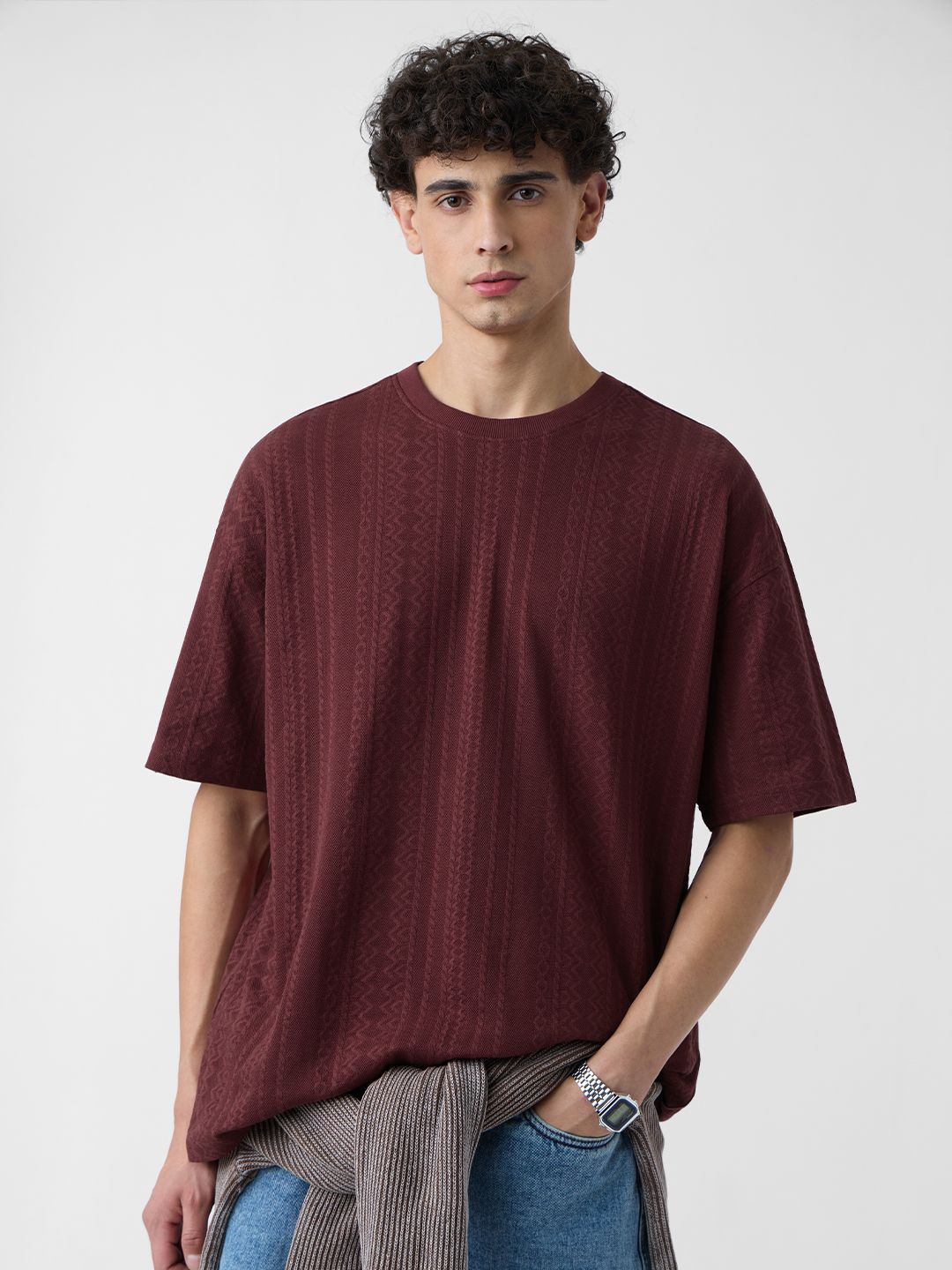 The Souled Store Men Burgundy Textured Jacquard T-shirt