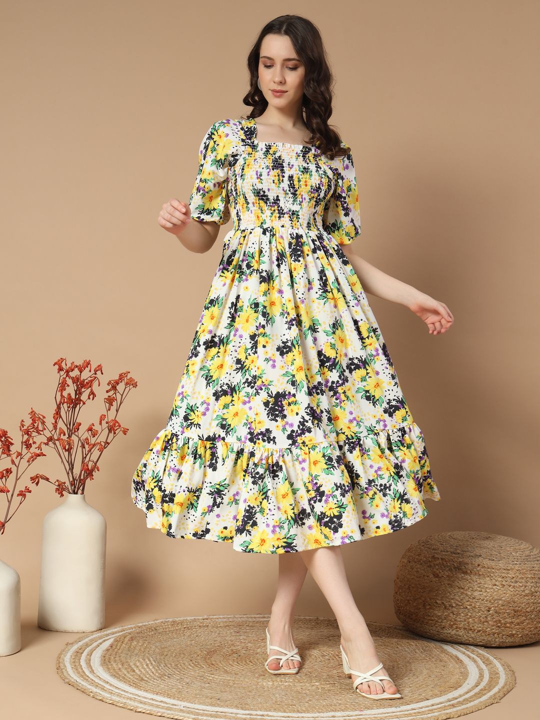 LookShine Women Floral Printed Square Neck Puff Sleeve Fit and Flaree Midi Dress