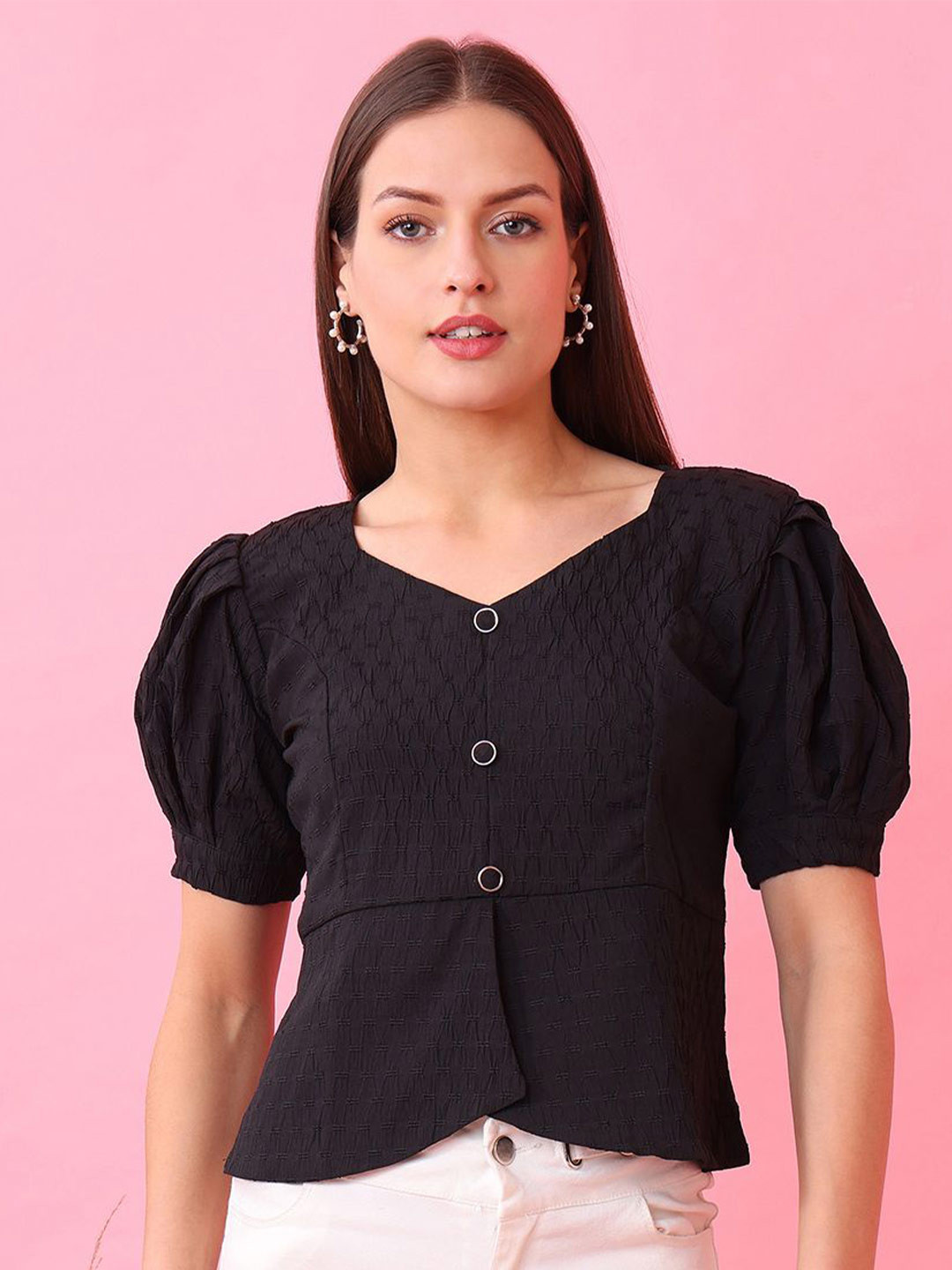 Kinjo Women Sweetheart Neck Puff Sleeve Peplum Top