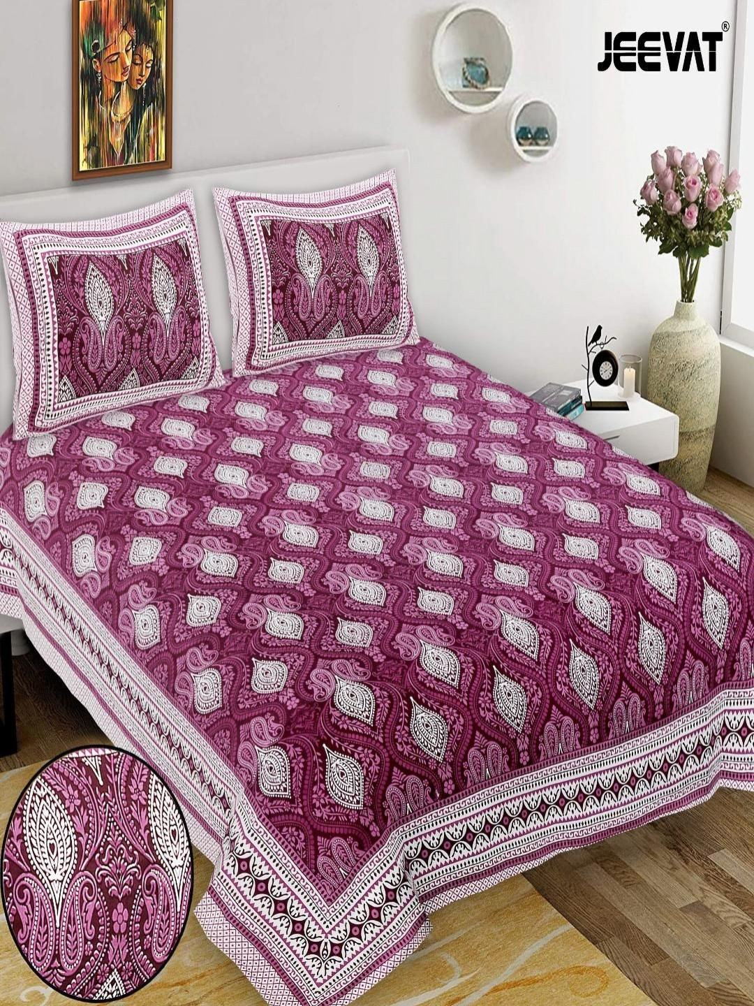 JEEVAT Summer Collection Purple Graphic Cotton 210 TC King Fine Bedsheet with 2 Pillow Covers-215 x 264 cm