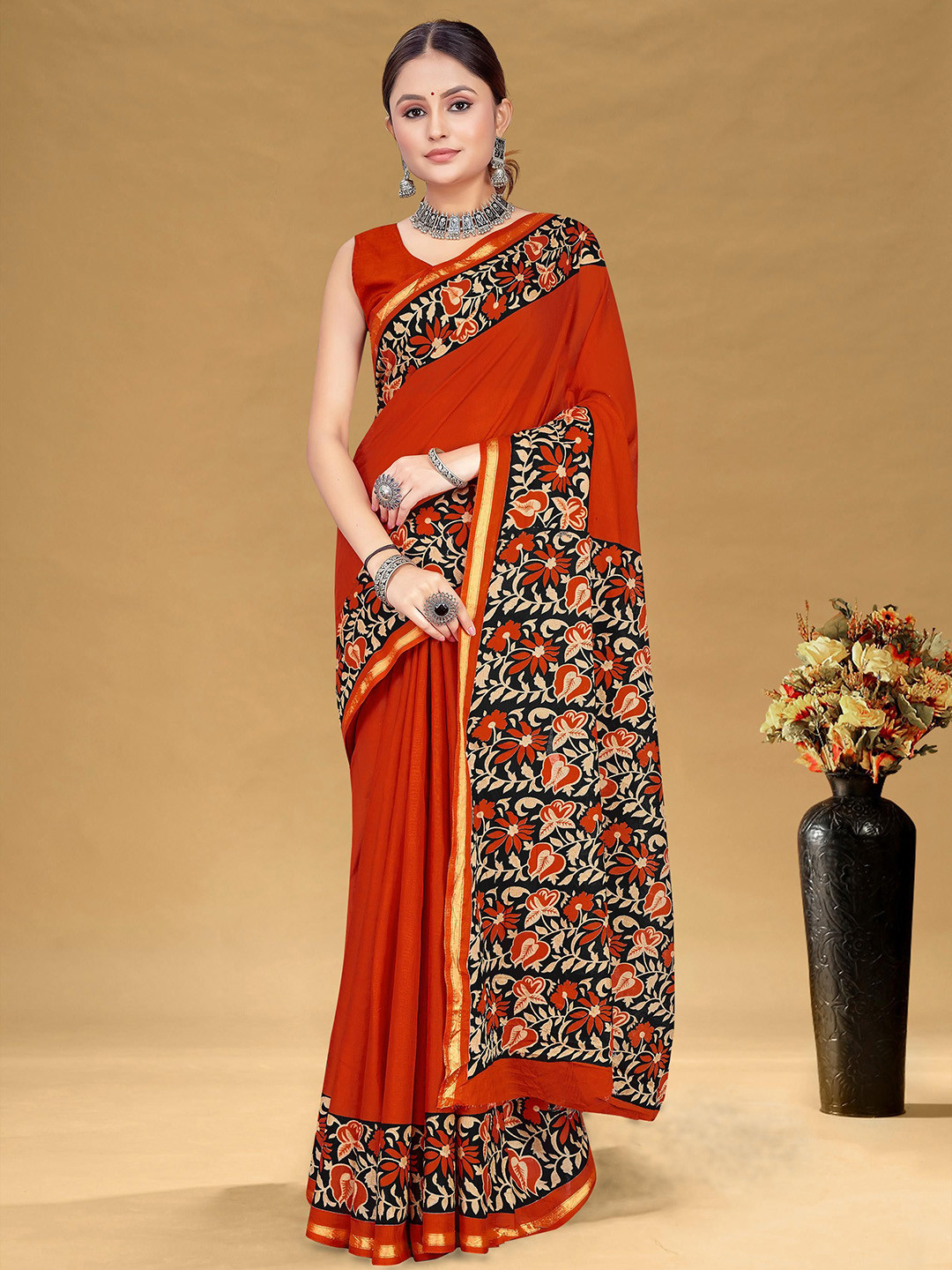 Panzora Floral Bagru Printed Designer Pure Cotton Ready to Wear Saree