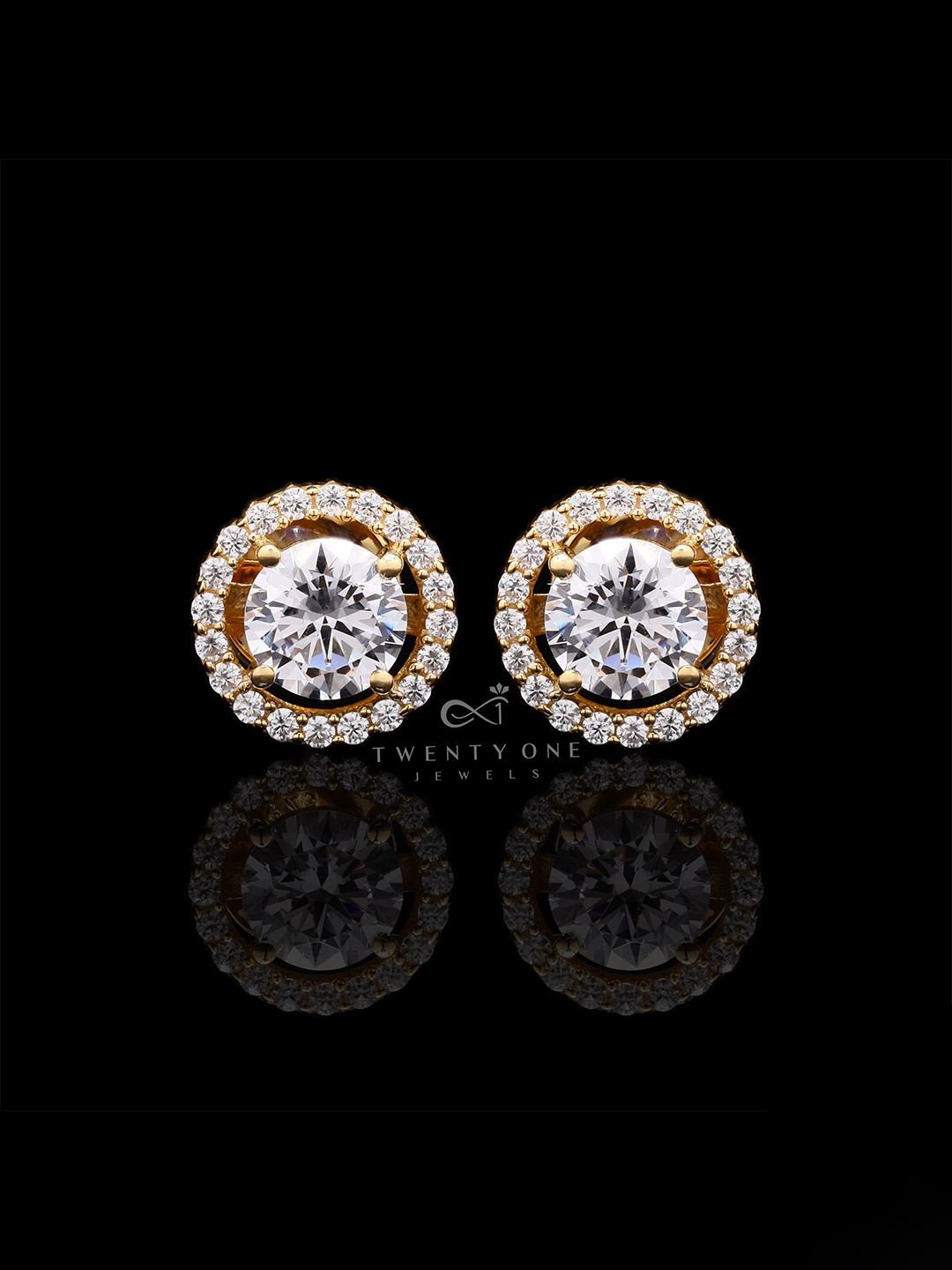 Twenty One Jewels 925 Sterling Silver Rhodium-Plated Zircon Studded Circula Studs Earrings