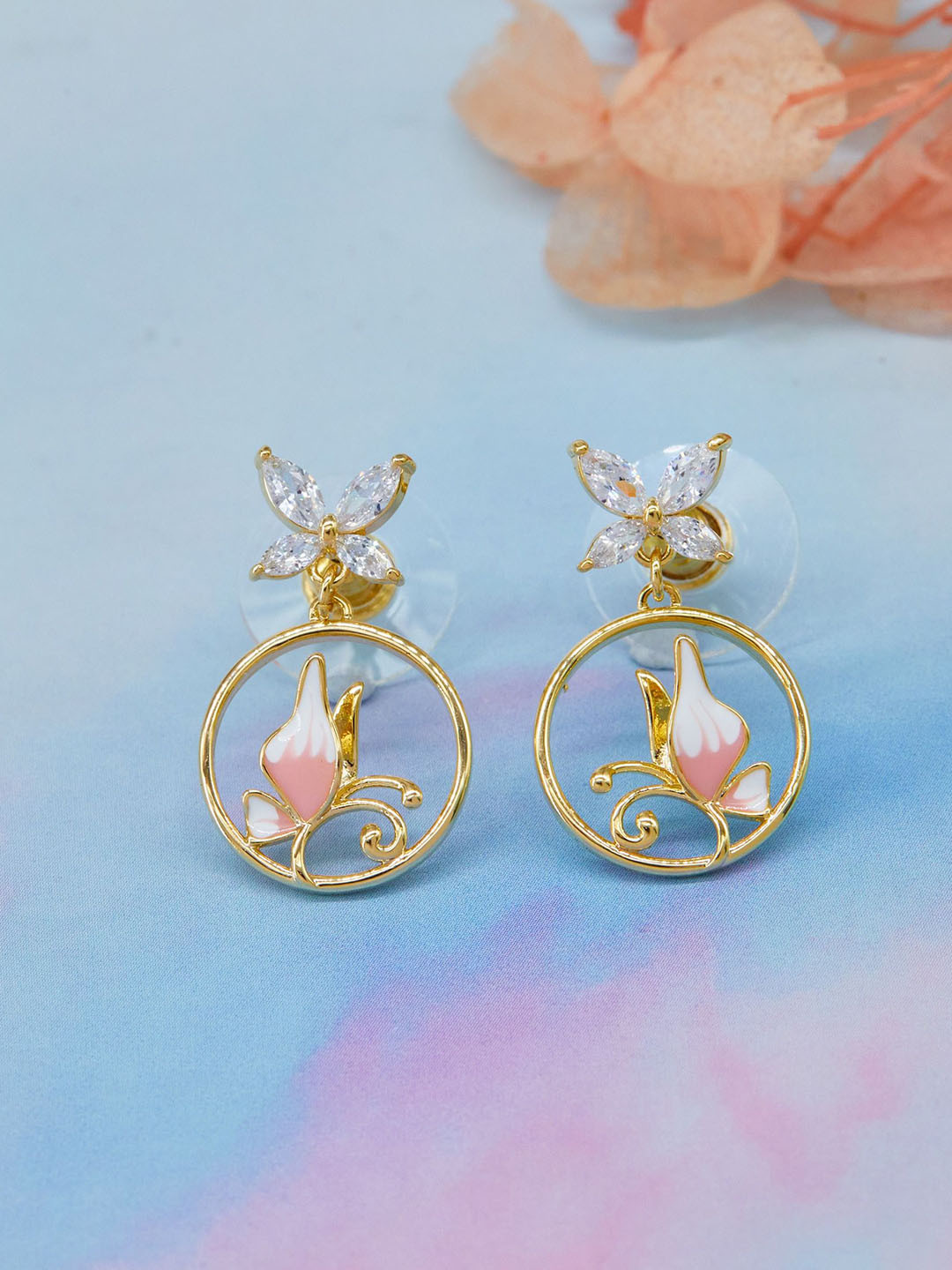 GC Jewelery Gold-Plated Artificial Stones & Beaded Floral Drop Earring