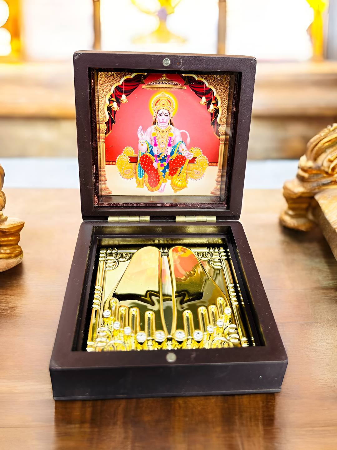 WARMINGO DE Hanuman Ji Charan Paduka Gold Wood Natural Prayer Room Small Showpiece -