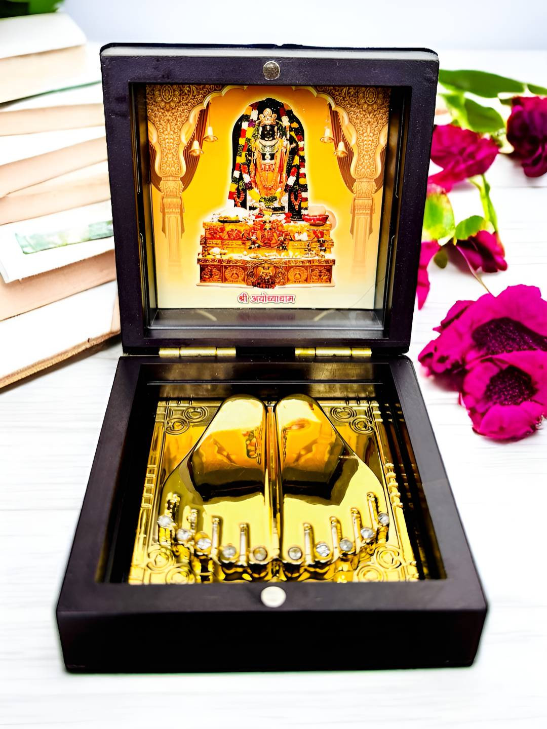 WARMINGO DE Ram Ji Charan Paduka Gold Plastic Natural Prayer Room Small Showpiece - 3.9 Inches